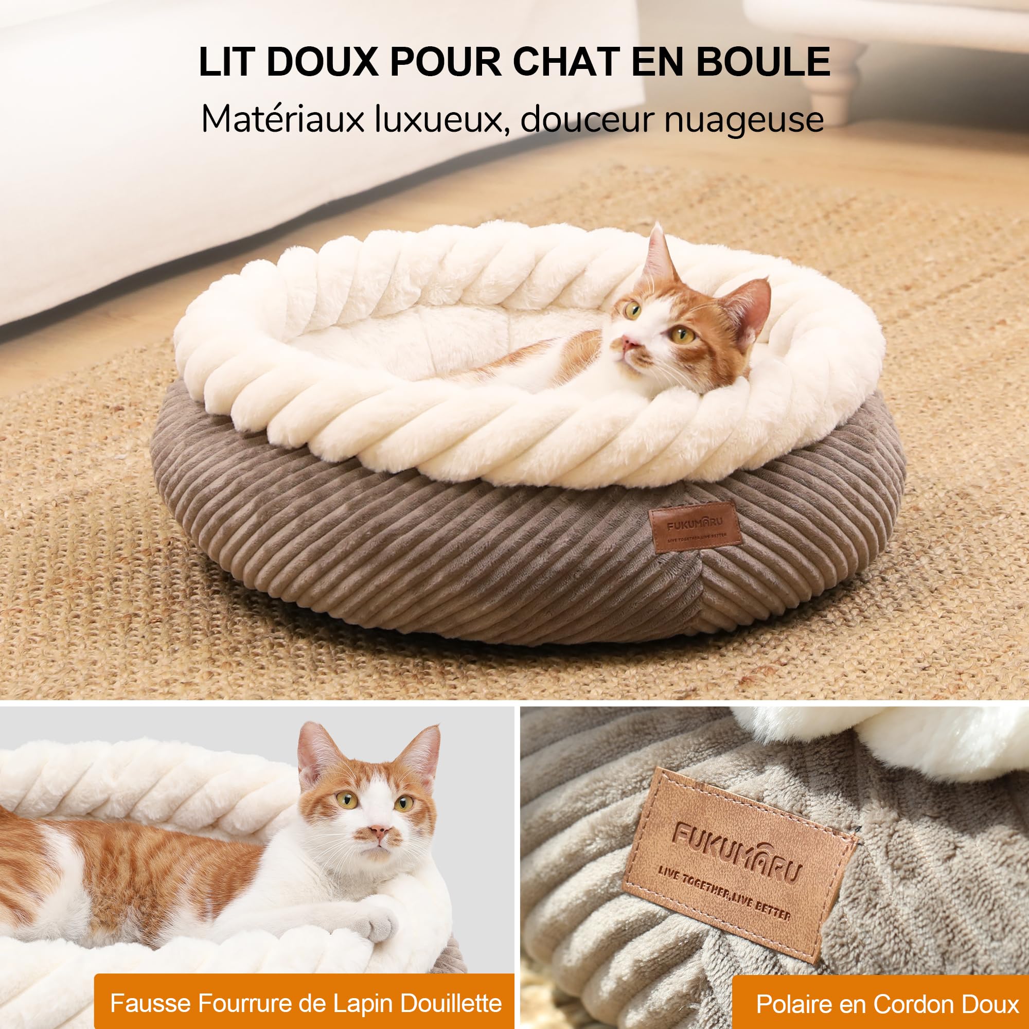 FUKUMARU Panier pour Chien, Lit Rond Lavable pour Chat d'Intérieur, Coussin Douillet en Fausse Fourrure Apaisant avec Fond Anti-Dérapant, 53 cm, Camel