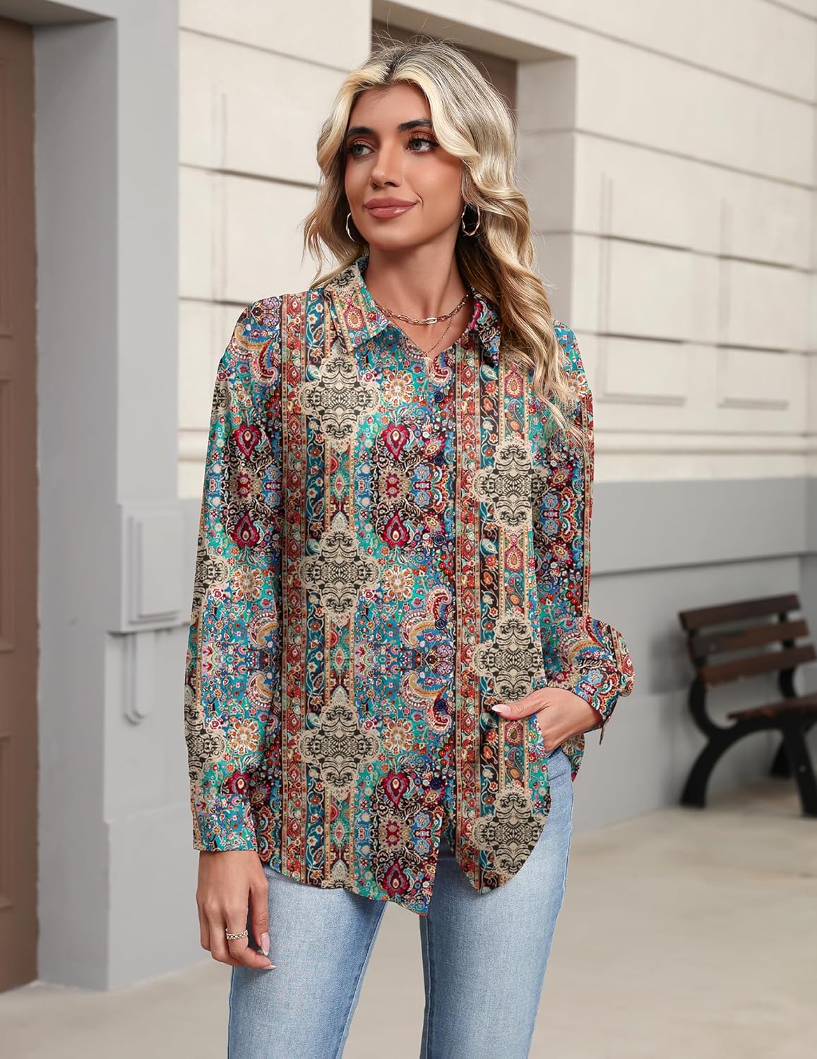 Zeagoo Button Down Shirts for Women Dressy Casual Floral Printed Collared Chiffon Blouse Long Sleeve Business Work Tops - Image 3