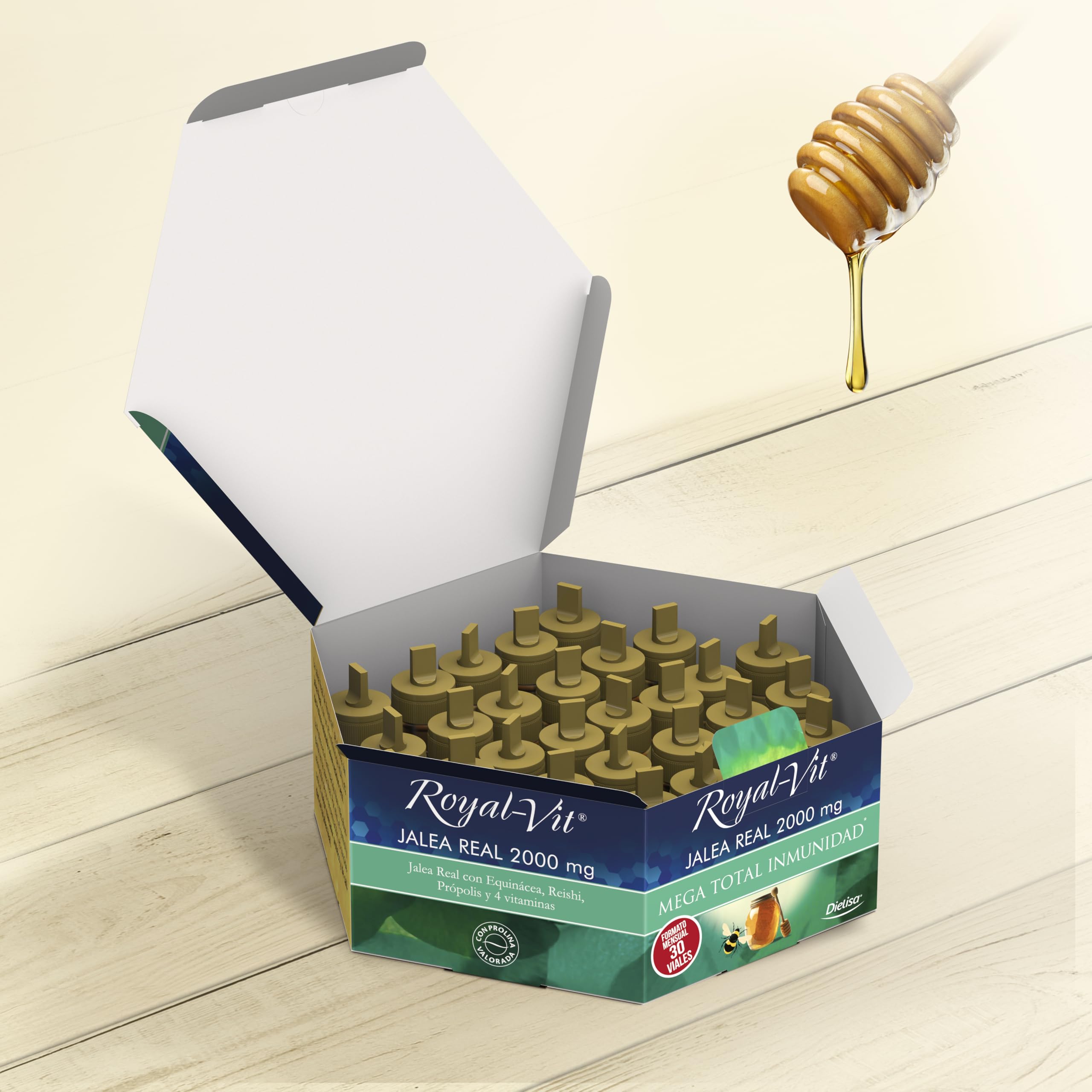 Royal Vit, Jalea Real 2000mg Mega Total Inmunidad, con 2000mg de Jalea Real, Reishi, Própolis y Equinácea que ayuda a las defensas naturales del organismo, Formato mensual - 30 viales