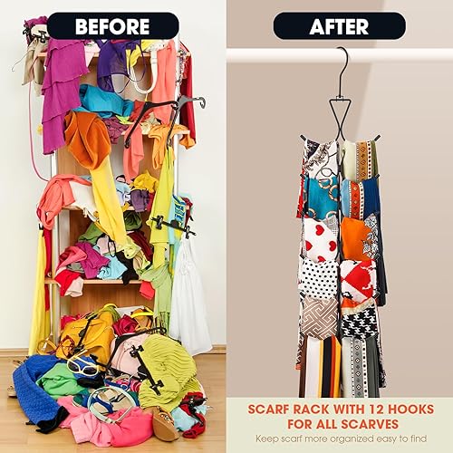 Miniatura 9 de Percha para bufandas, 12 almacenamientos, organizador de bufanda con gancho giratorio de 360 grados, organizador de leggings para armario,
