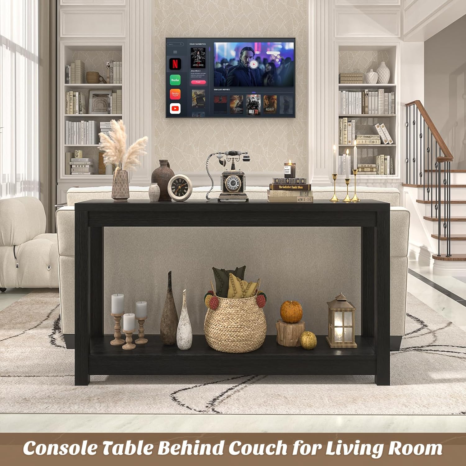 47" Farmhouse Wood Entryway Table Narrow Console Table with Storage Behind Couch Sofa Table with Shelves for Entry Way with Open Storage, Easy Assembly, Embossed Wood Grain Black - Image 7