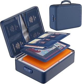 Gridwick Fireproof Document Bag with Lock 3-Layer File Storage Box with Waterproof Zipper Portable Waterproof Document Organizer for Important File for Laptop Certificates Documents Passport Blue