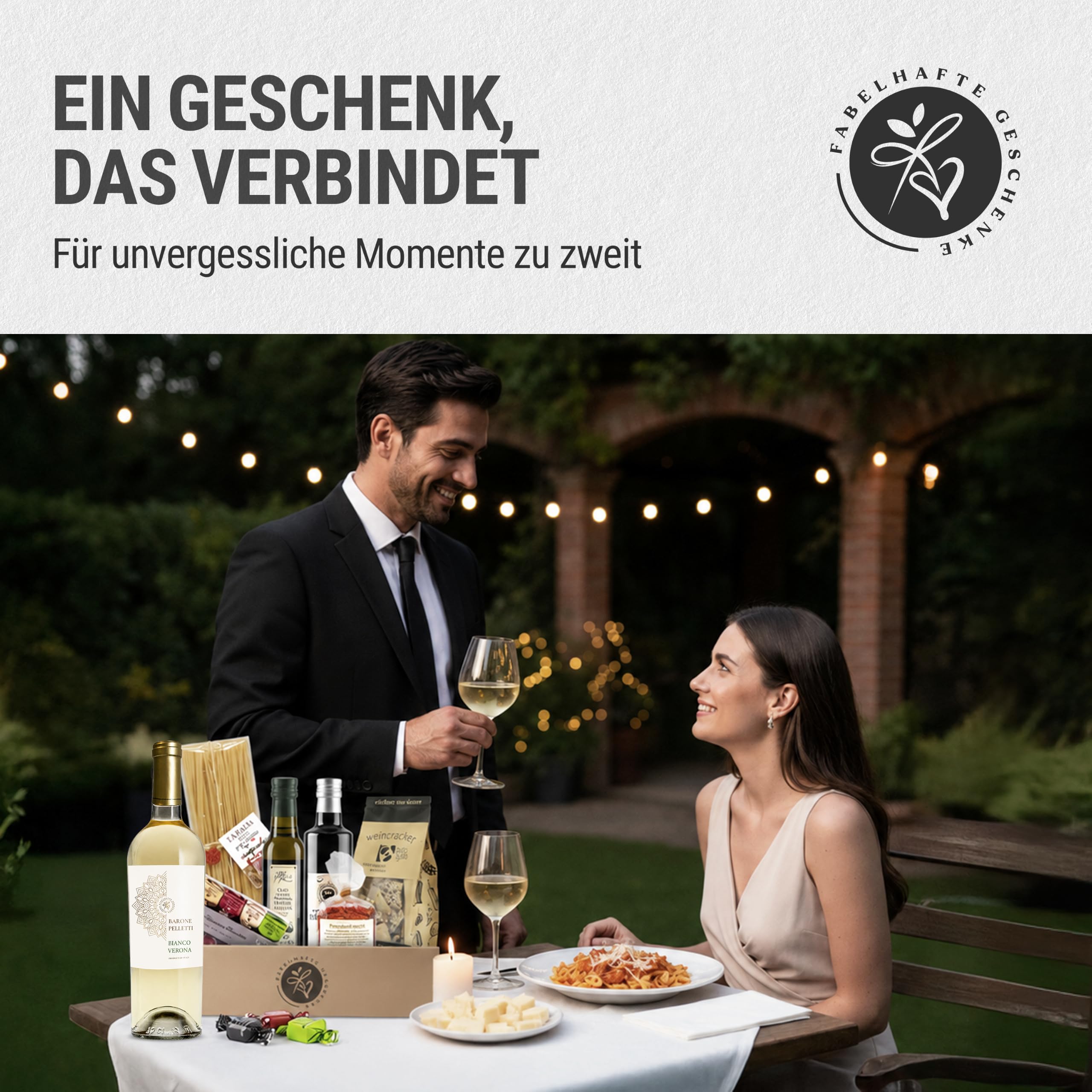 Geschenkkorb Bella Italia gefüllt mit Weißwein und italienischer Feinkost- Präsentkorb mit Olivenöl, Aceto Balsamico, Pasta, Pesto, Tartufini | mit "HERZLICHEN GLÜCKWUNSCH" Banderole