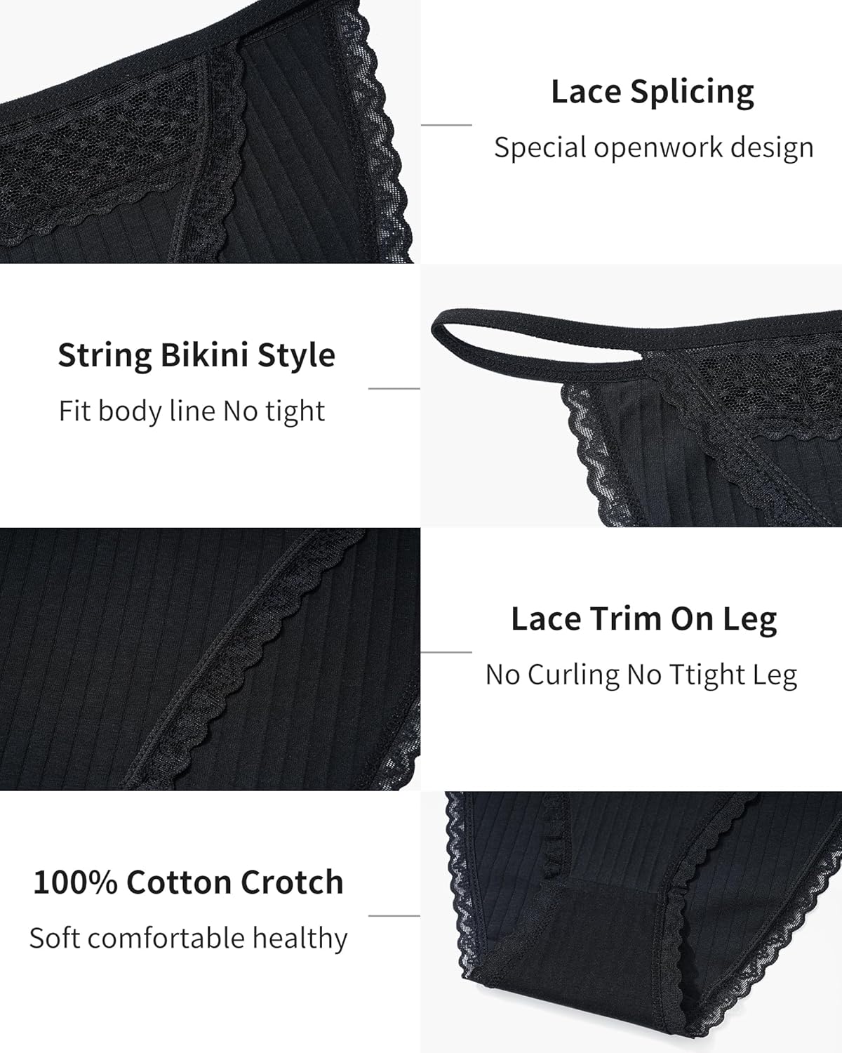 LEVAO Cotton Underwear for Women Sexy String Bikini Lace Cut Out Panties Stretch Ladies Cheeky Briefs 6 Pack S-XL - Image 4