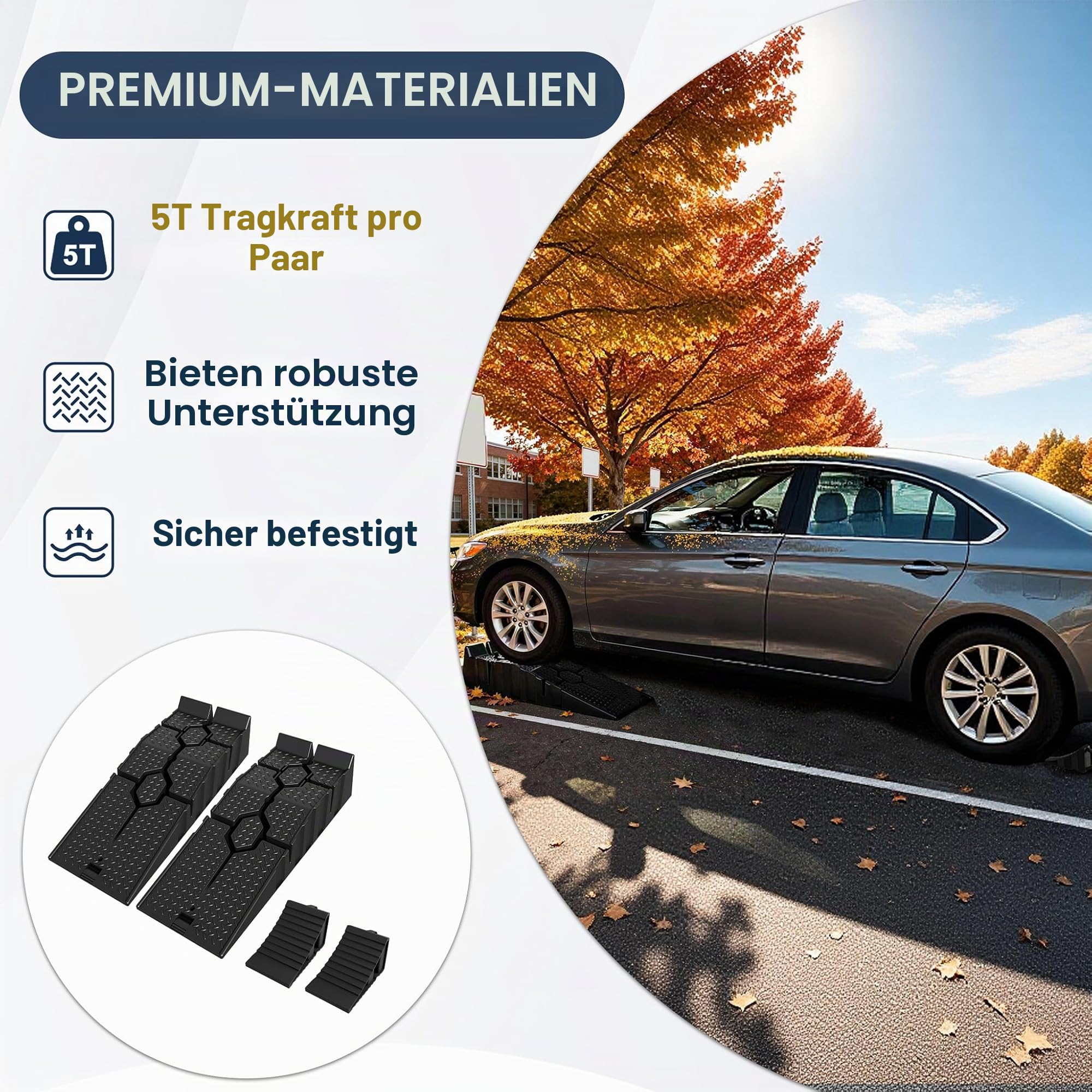 UISEBRT Auffahrrampe PKW mit Auffahrkeile,2 Stück robuste Autorampe mit Unterlegkeilen anhänger,Hochbelastbare Rampe bis 5T Traglast für Wohnwagen, Wohnmobil, Camper usw extra hoch,Schwarz