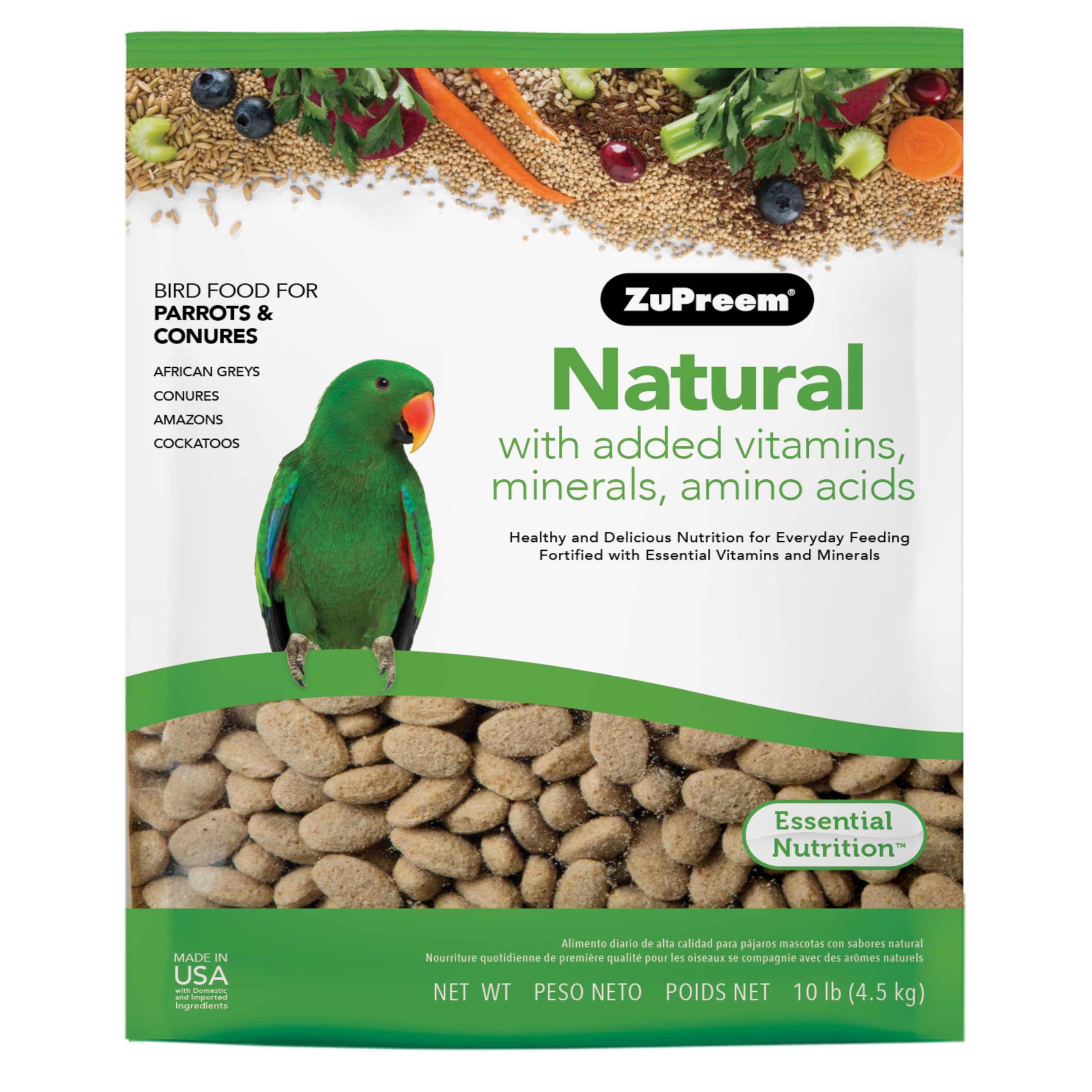 Natural Bird Food, Bird Feed Pellets for Parrot, Conure, Caique, African Grey, Eclectus, Small Cockatoo, ZuPreem Core Nutrition, Made in USA, Added Vitamins, Parrot Food, (M/L, 10 lb Bag)