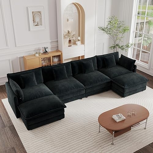 mikibama Modular Sectional Sofa, 146.5 Inch U Shaped Couch Set for Living Room, 4-Seater Comfy Cloud Couches with Two Movable Ottoman, DIY Combination, Chenille, Black