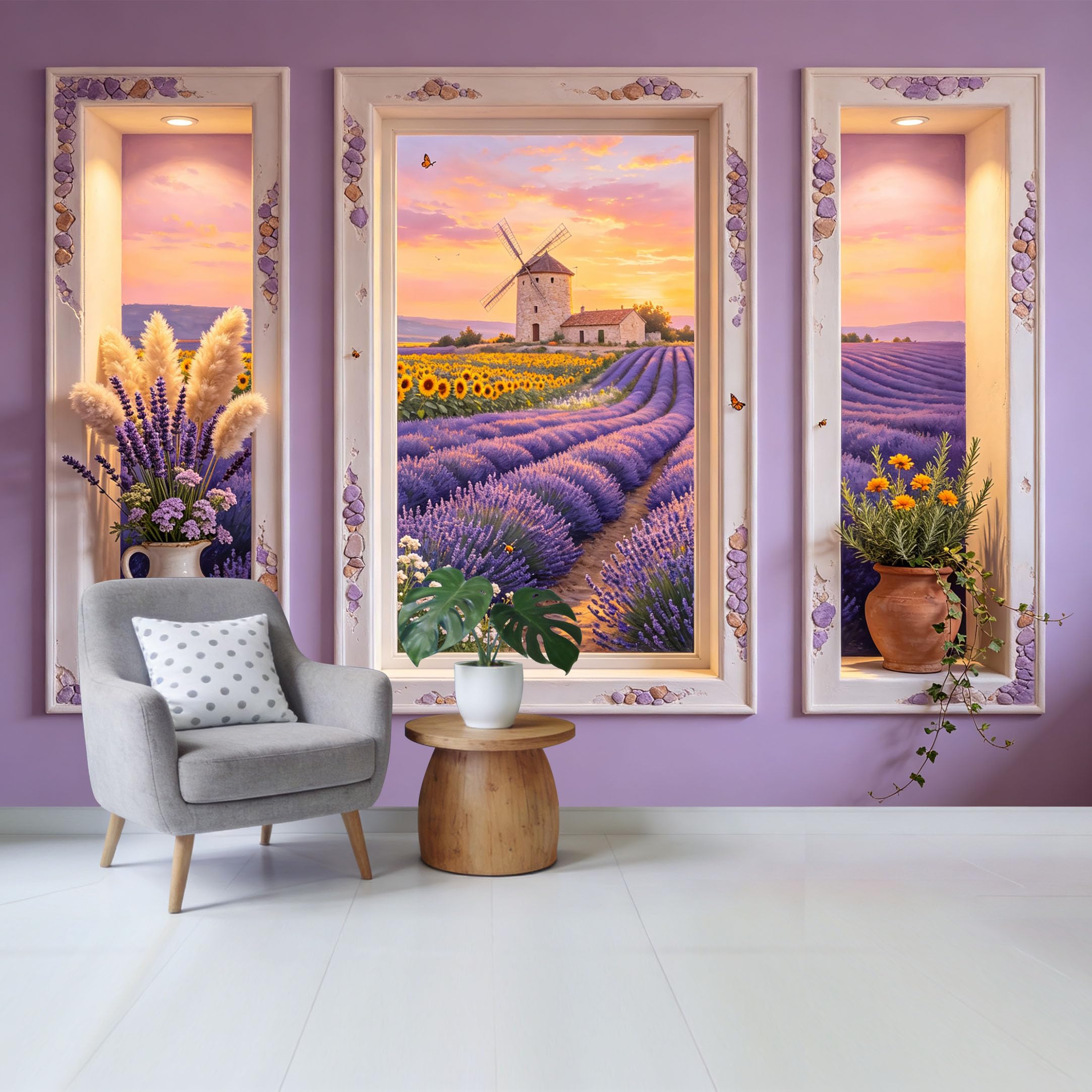 Removable Self Adhesive Fabric Mural， Provence Lavender Field Windmill Custom Size Wall Covering， UV Protected Waterproof Washable Wall Decor for Living Room Bedroom Bathroom