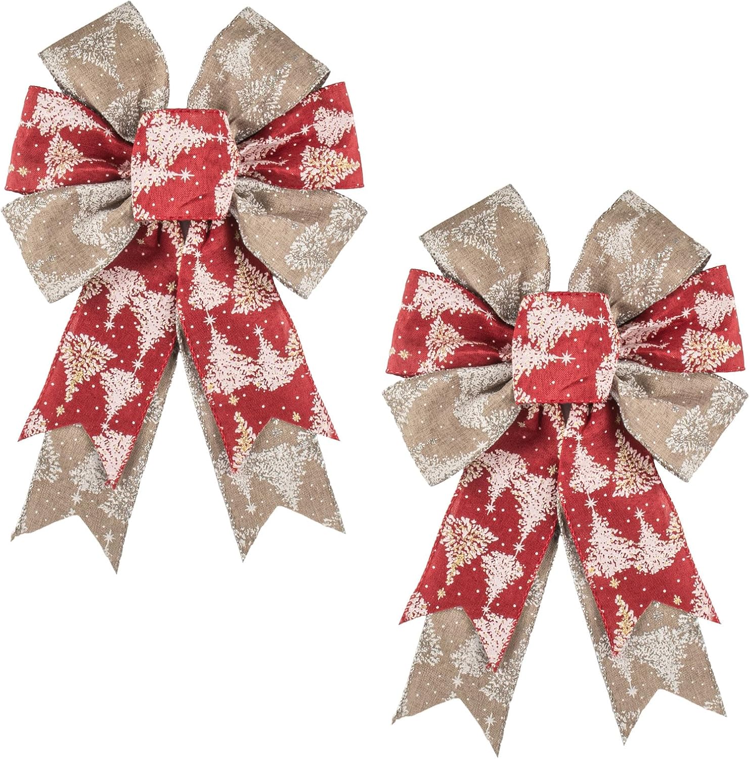 ALIBBON 2 Pcs Christmas Bows for Wreaths, Christmas Tree Wreath Bows Red Linen Ribbon Bow for Front Door, Christmas Decorations, Xmas Tree Topper Bow for Indoor Outdoor Holiday Decor