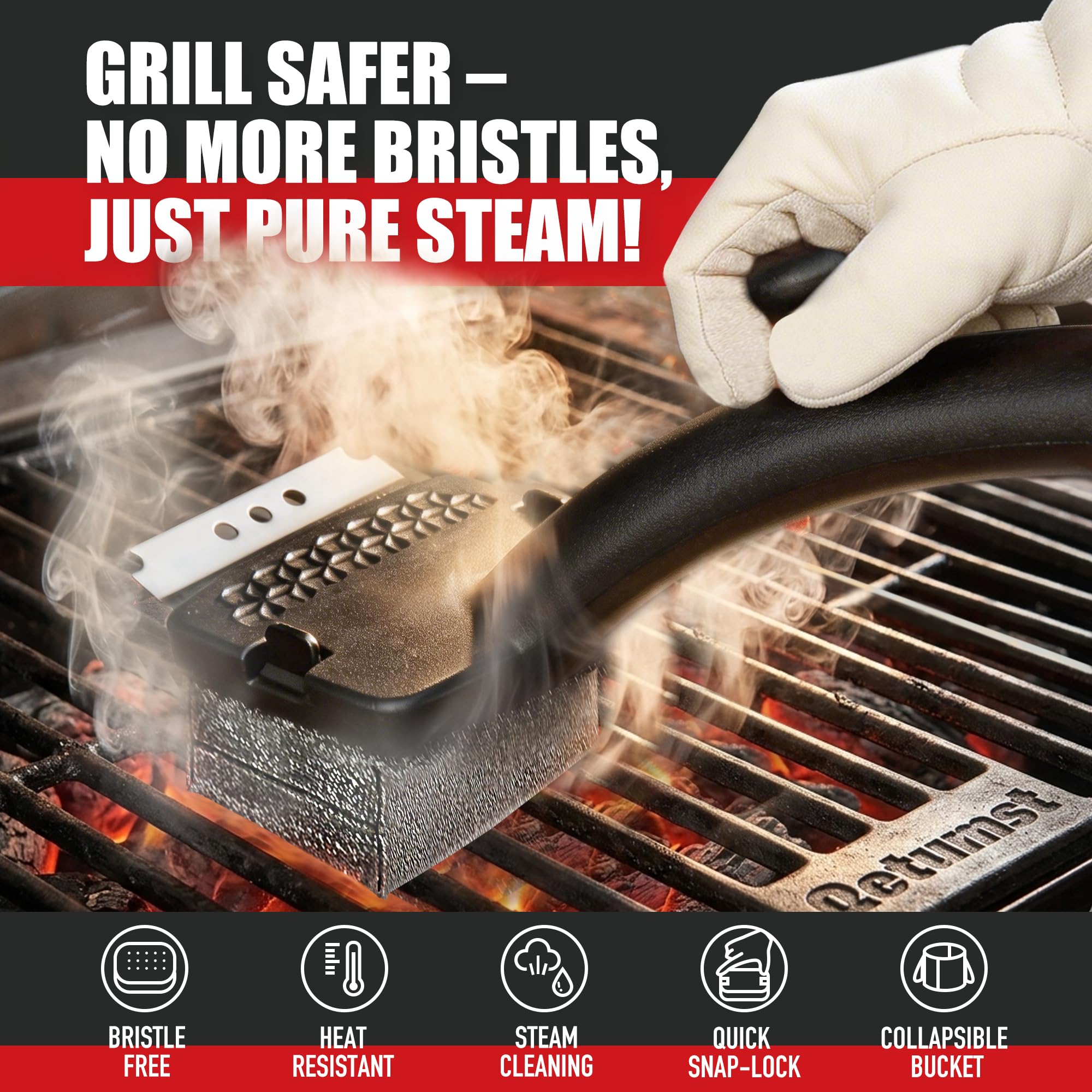 Qetumst Spazzola per griglia senza setole con secchio pieghevole, kit di pulizia per barbecue a vapore e raschietto 3 in 1, testa extra sostituibile, accessori sicuri per esterni per griglie in ghisa
