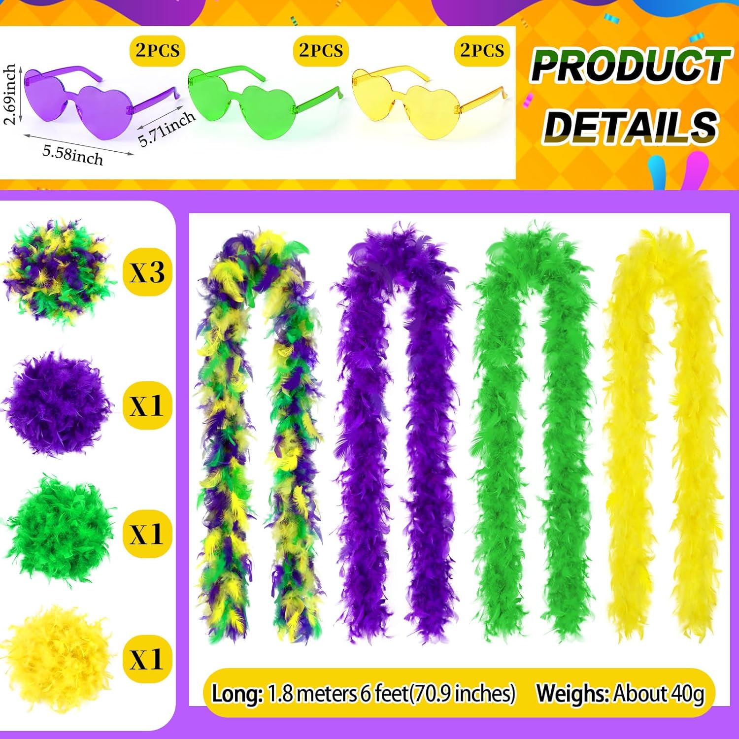 Mardi Gras Feather Boas Set of 6 with 6 Colorful Sunglasses, 12 Pcs Purple Green Gold Party Costume Accessories Mardi Gras Party Decorations - Image 3