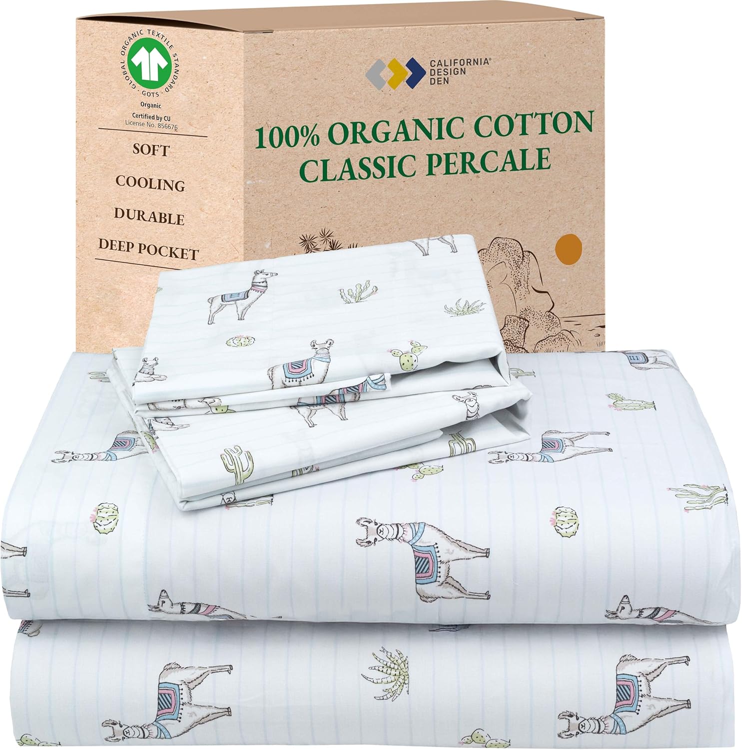 California Design Den Printed Queen Size Bed Sheet Set, 100% Organic Cotton Percale Sheets, Deep Pocket Queen Sheets & Pillowcase Set