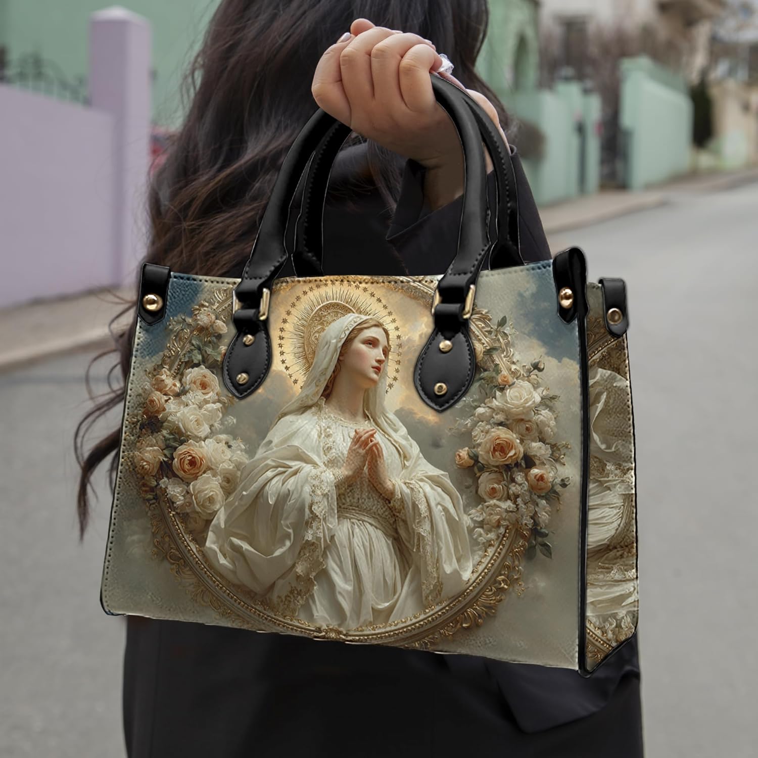 Custom Catholic Virgin Mary Leather Bag, Our Lady of Lourdes Handbags For Women, Christian Religious Satchel Bag Gift - Image 2