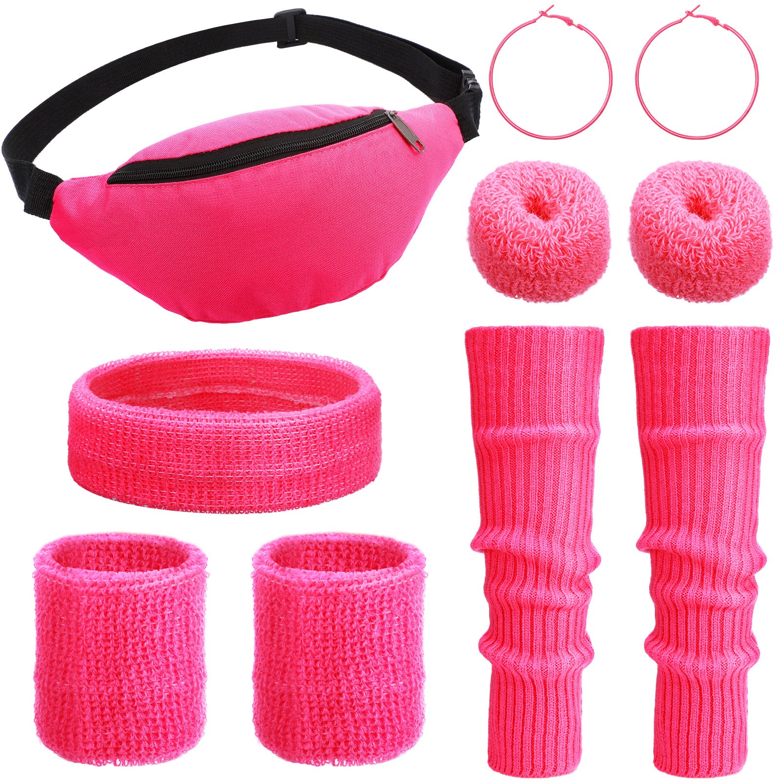 Haysandy 80s Costume Accessories for Women, Neon Leg Warmers Headband Wristbands Earrings Hair Rings for Cosplay(Pink)