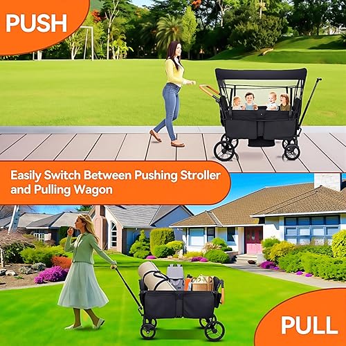 Miniatura 3 de Cochecito para 4 niños sentados en tándem plegable carrito de viaje ligero con arnés de 5 puntos, mango ajustable y dosel, mosquitera, huecos,