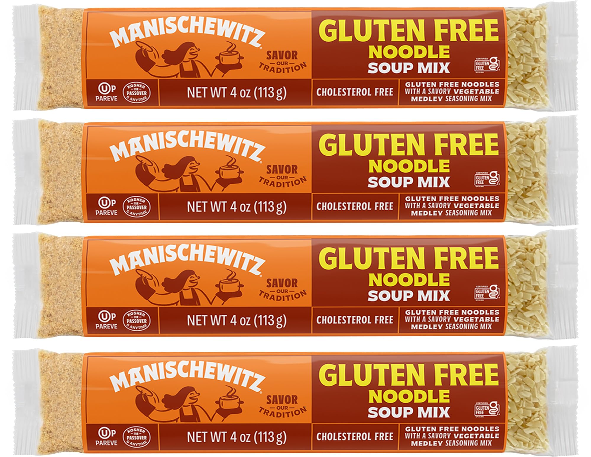 Manischewitz Gluten Free Noodle Soup Mix (4 Pack) With Savory Home Style Vegetable Medley Seasoning,Cello Soup | Grain Free| Kosher for Passover | Ready in 15 Min.