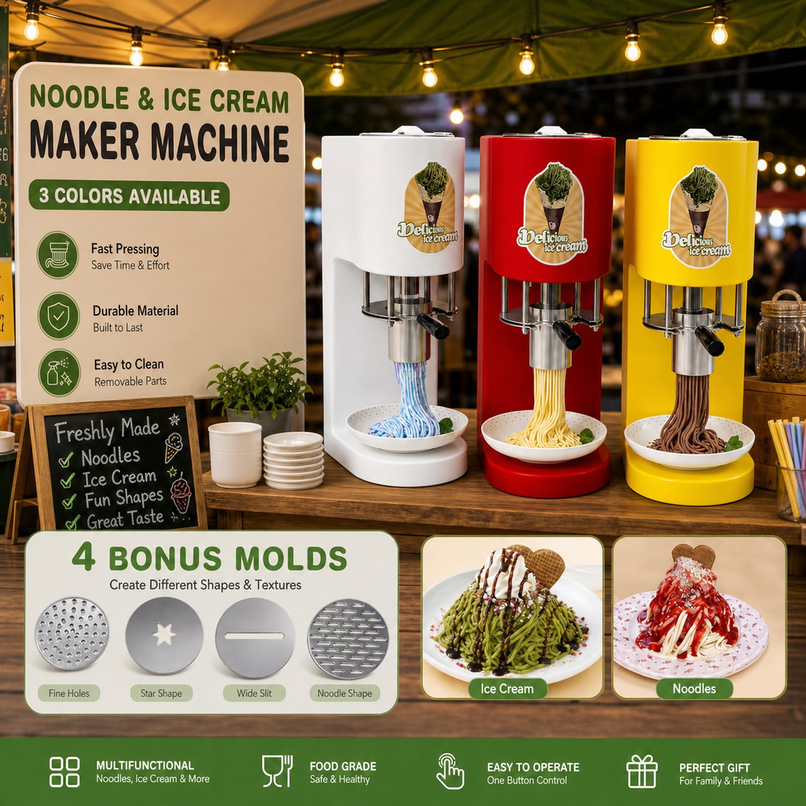 MáQuina De Espaguetis De Helado De Tipo Comercial, DiseñO Vertical Compacto Y Ahorra Espacio, 30l/H - MáQuina De Helado Suave Y Gelato con 4 Moldes De Formas Yellow