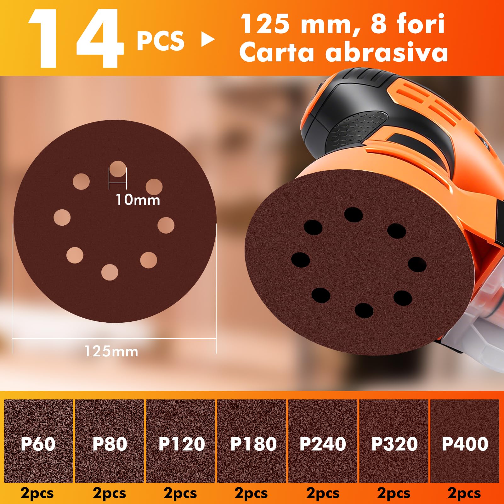 Ponceuse excentrique 350 W, ponceuse 125 mm, 6 vitesses, 6 000 à 13 000 tr/min, avec bac à poussière et 14 papiers abrasifs, idéale pour les projets de travail du bois, les travaux de bricolage