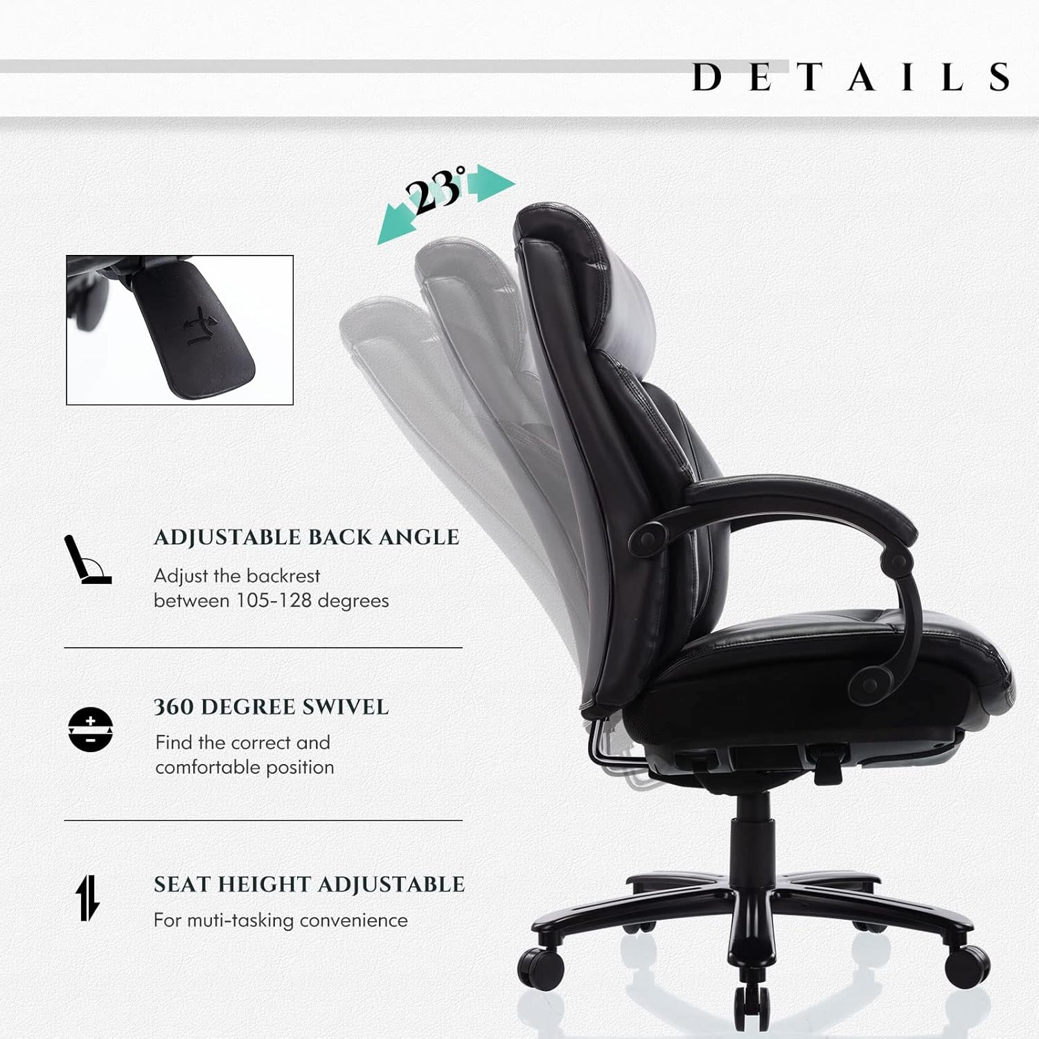 Big & Tall Office Chair - High Back Bonded Leather Executive Managerial Chair, Heavy Duty Metal Base Adjustable Height Thick Padded Seat Ergonomic Design Large Computer Swivel Task Desk Chair : Office Products