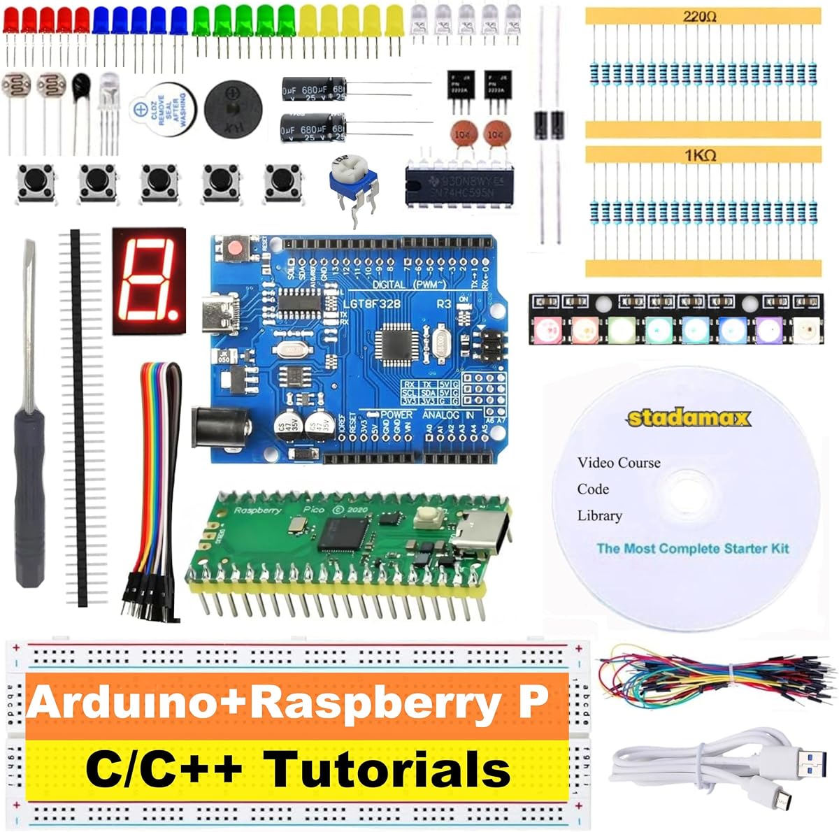 Raspberry Pico & UNO R3 (CH340+ATmega328P) Compatible with Arduino IDE Learning Kit | The Ultimate Value with 75+ Components, 34 HD Tutorials | All-in-One Starter Kit with Breadboard