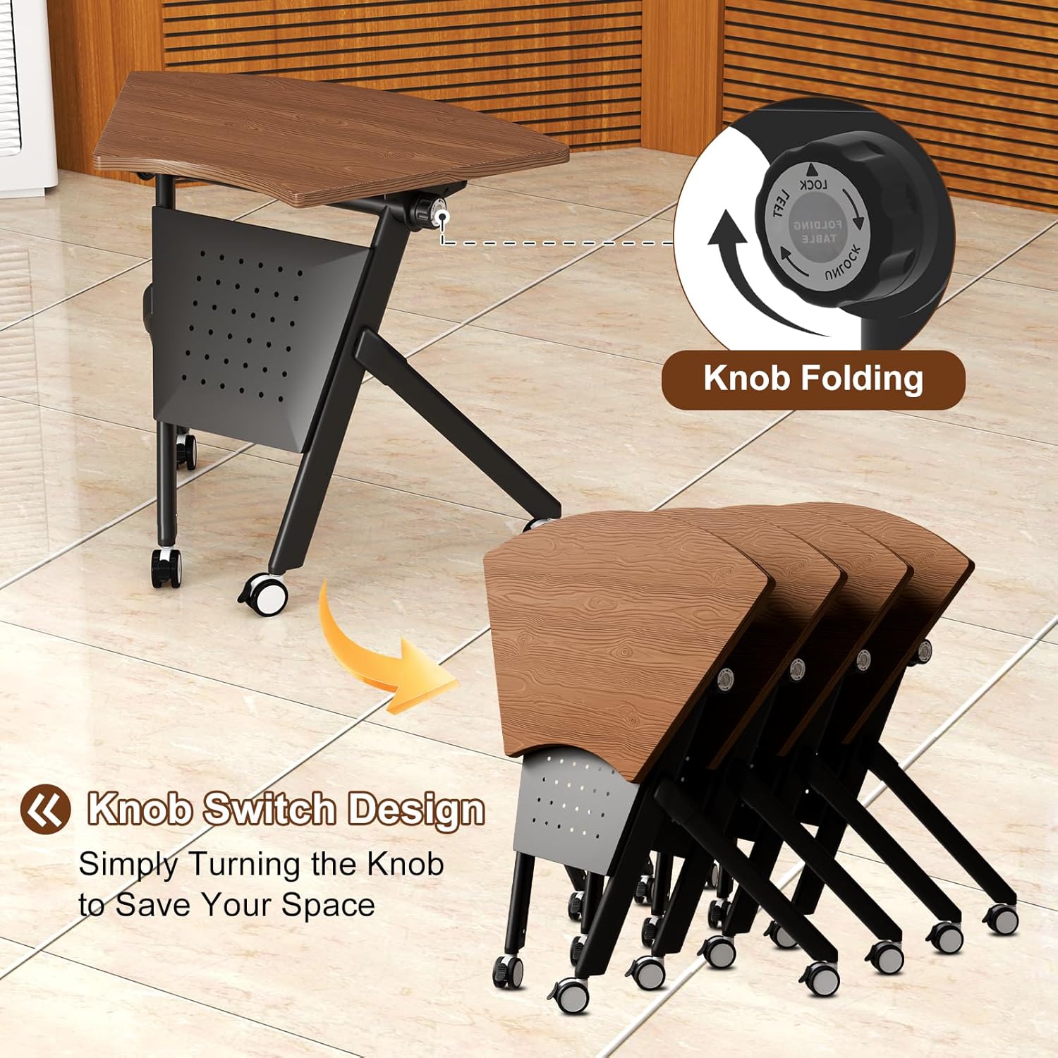 Folding Conference Table with Wheels,Conference Room Table Flip-top Design Modular Rectangular & Fan-Shaped Space-Saving Modern Mobile Training Table for Office Classroom Home (4, A3, L35.4in)