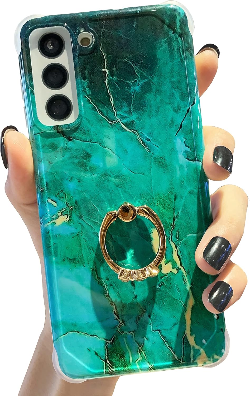 Anynve Compatible with Marble Samsung Galaxy S21, Reinforced Raised Corners [TPU Matte Bumper + Shockproof Hard Back] Case with 360 Degree Rotary Ring Kickstand Holder [6.2 inch] -Gold Green