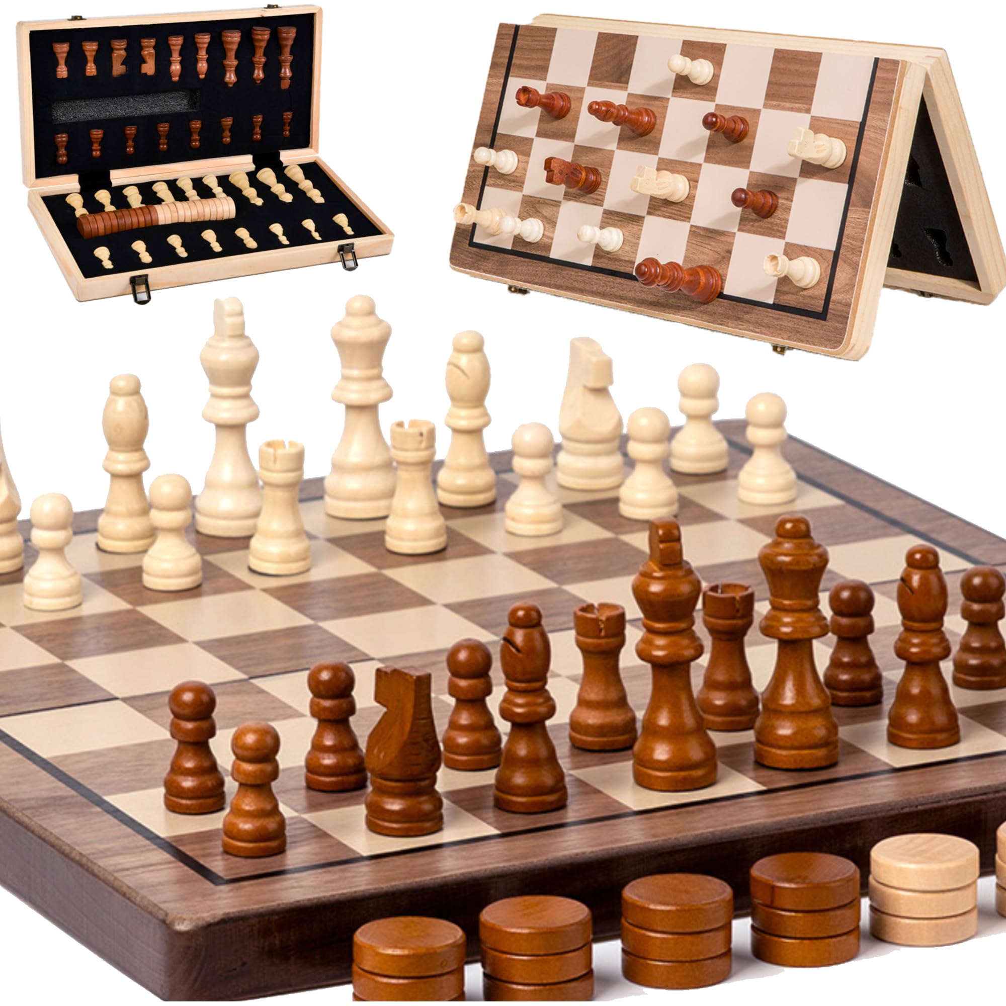 SQAQS 2-in-1 Magnetic Wooden Chess & Checkers Board Game, 15 inch, 2-4 Players, Ages 3+