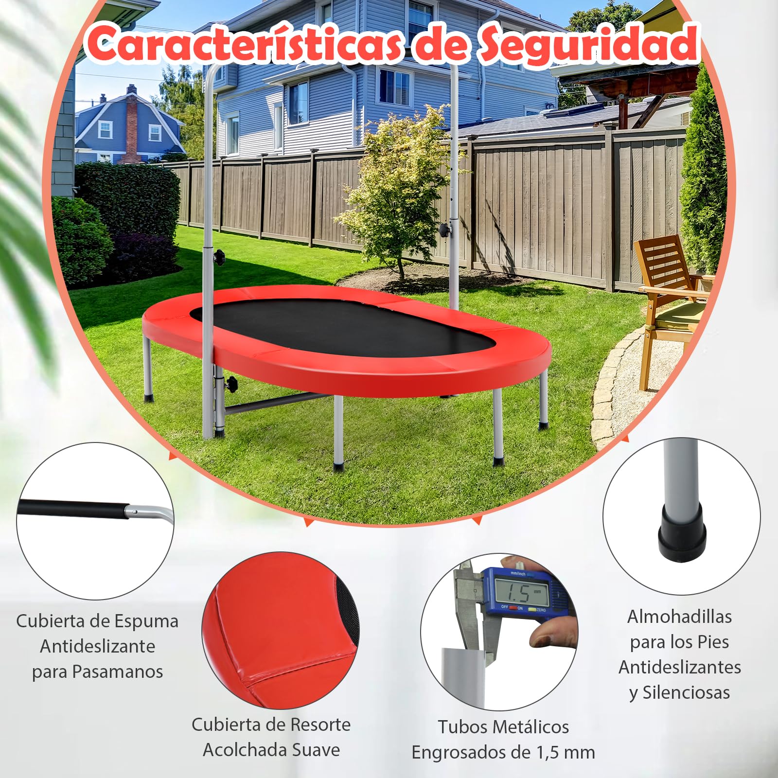 GYMAX Trampolín Plegable para 2 Personas, Trampolín Infantil con Mango Ajustable de 5 Niveles, Cama Elástica para Niños y Adultos, Soporta hasta 150 kg, para Interior y Exterior