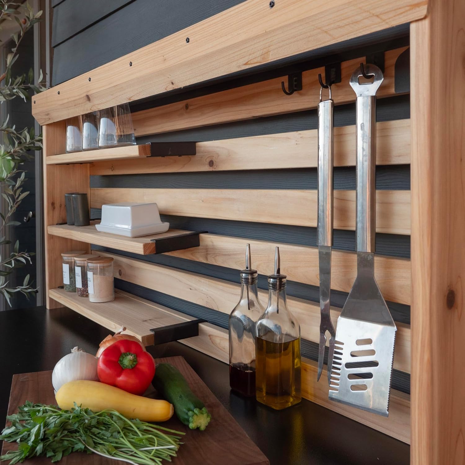 Backyard Discovery 48" Cedar Wood Buffet Hutch Serving Station with Galvanized Steel Countertop, Wine Rack, Wine Glass Rack, Trash Bin, Modular Shelves, Towel Bar, Drink and Food Prep, Indoor/Outdoor