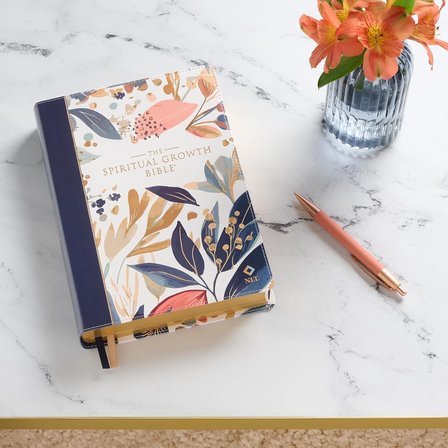 The Spiritual Growth Bible, Study Bible, NLT - New Living Translation Holy Bible, Faux Leather, Navy/Leaf Design