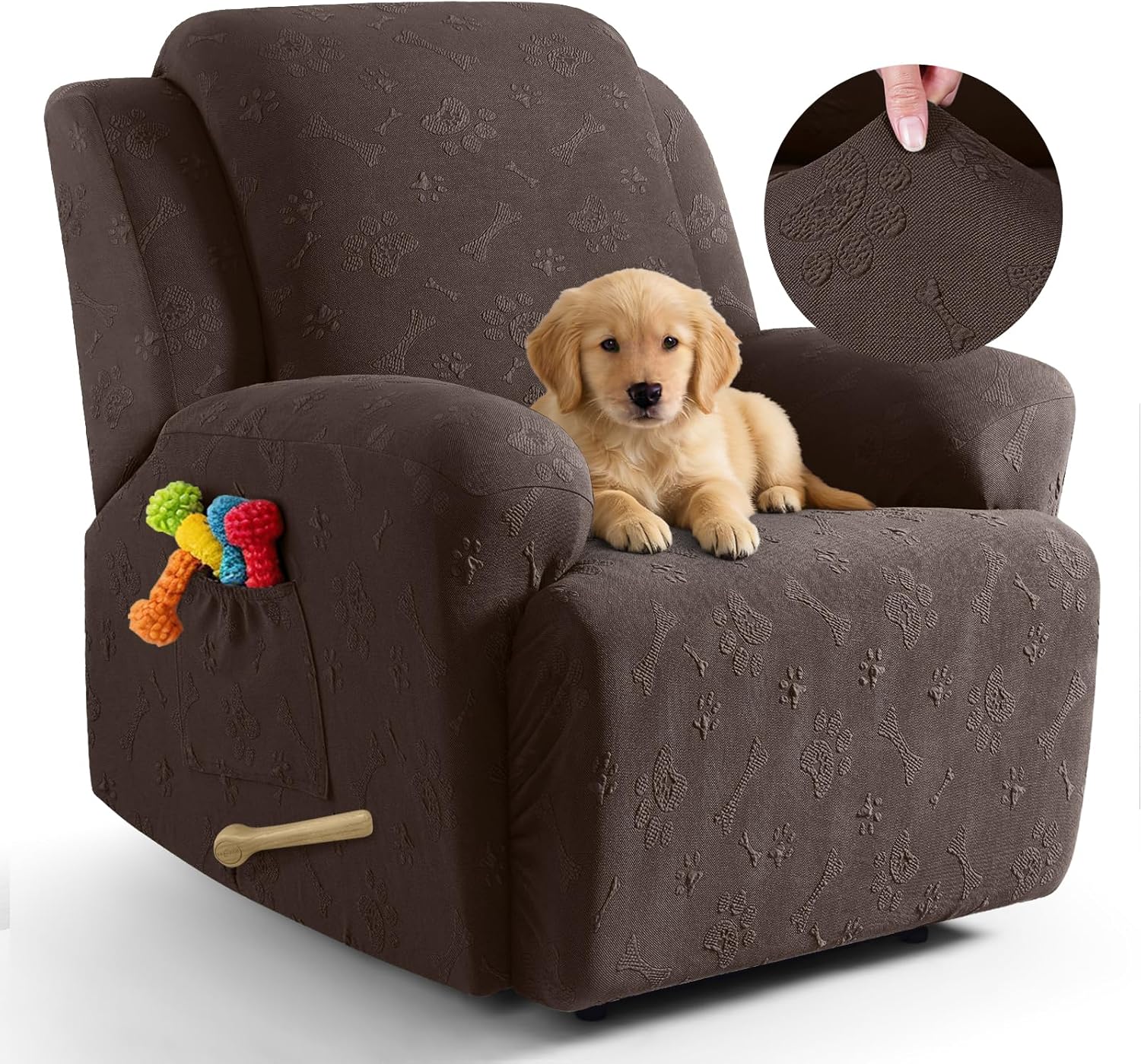 Ruaozz Recliner Chair Covers, 4-Pieces Recliner Cover Stretch Embossed Paw Bone Prints Reclining Chair Slipcovers Soft Furniture Protector for Lazy Boy Recliner (1 Seat, Chocolate)