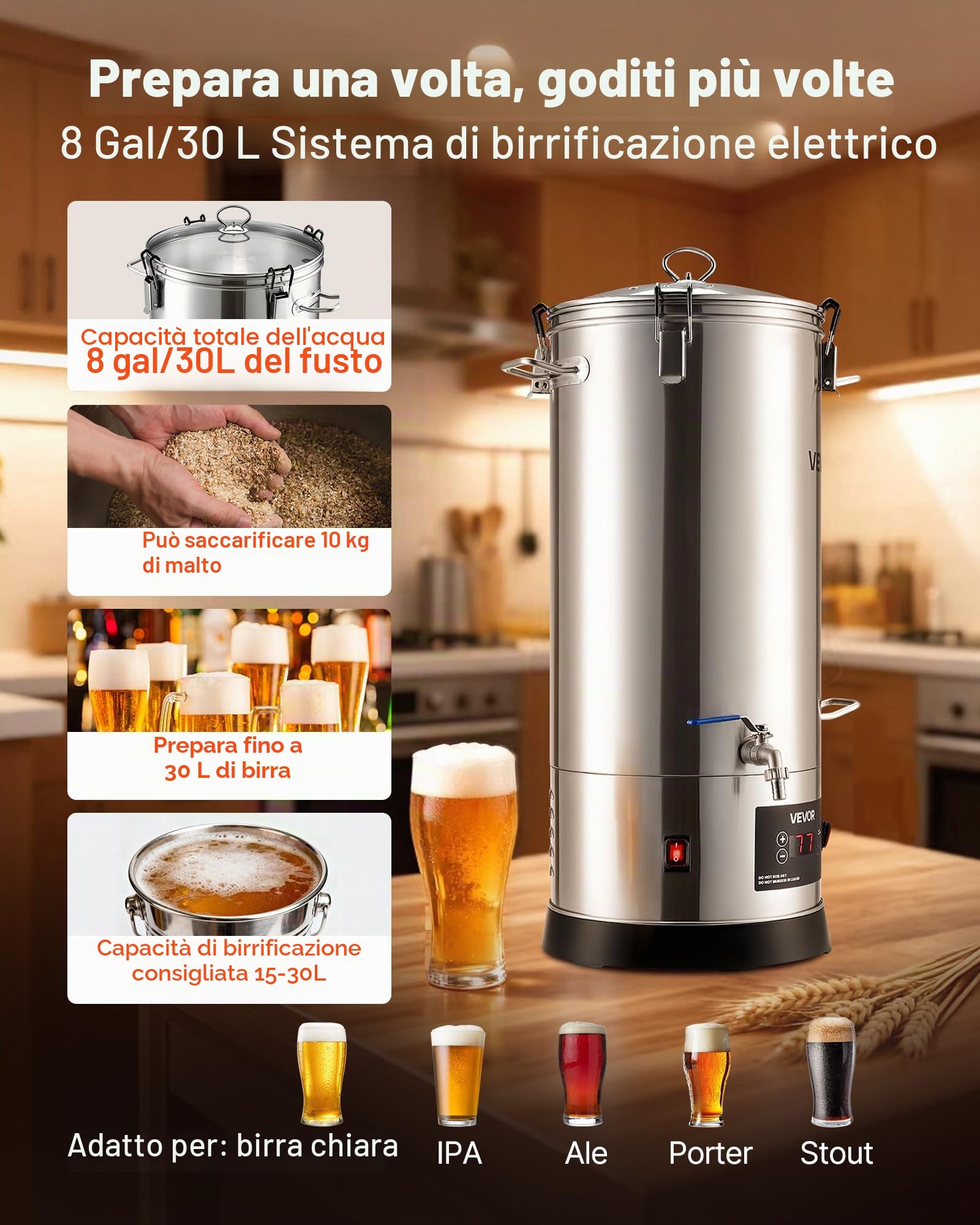 VEVOR Sistema di Attrezzatura Elettrica per Produzione di Birra, Bollitore per Birra 30 litri Uso Domestico, Cuocitore di Mosto con Canna Interna Maniglia Rubinetto, Kit Utensili per Homebrewing