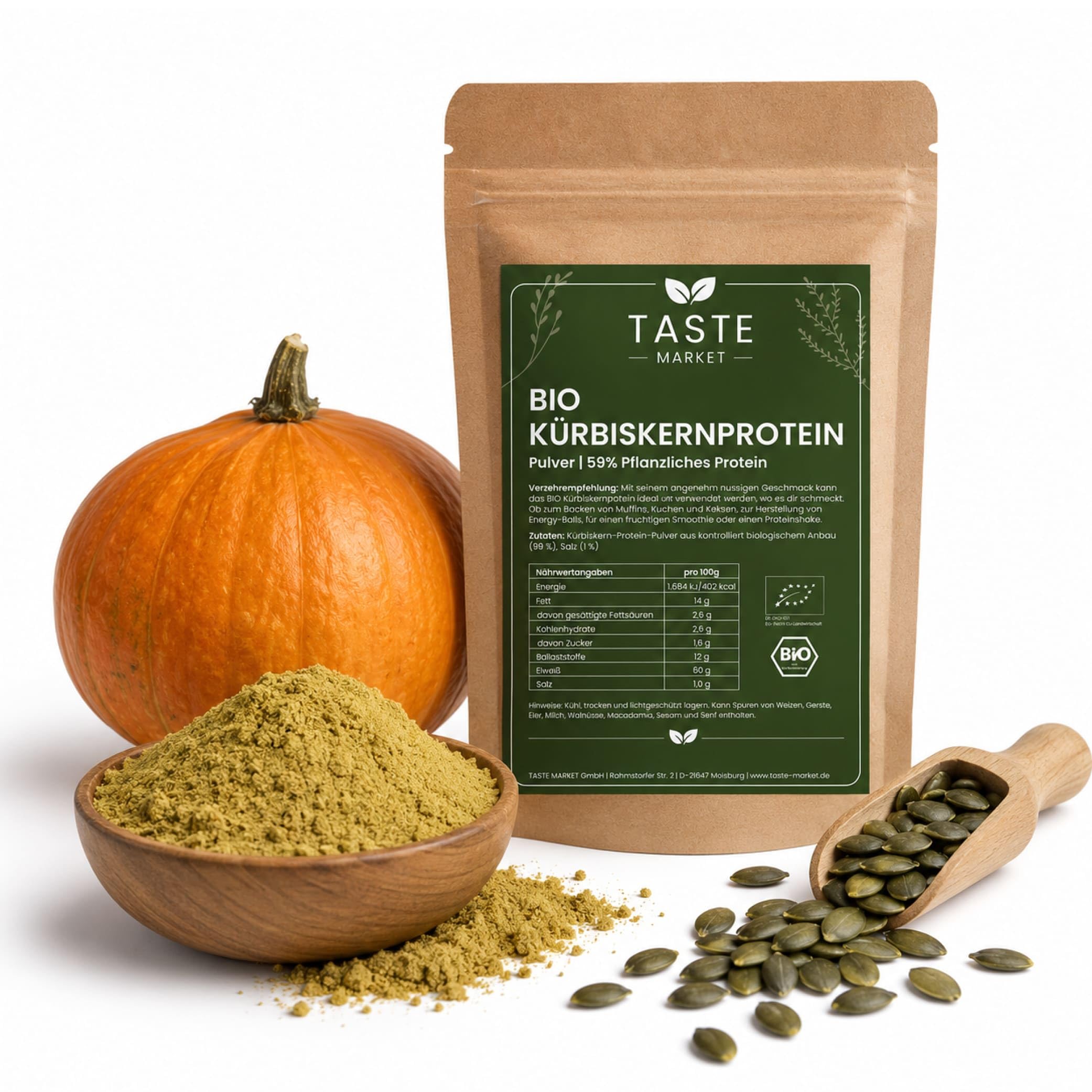 5 kg BIO Kürbiskern Protein Pulver | 59% Protein | veganes Eiweißpulver | 100% natürlich | ohne Zusätze | Taste Market