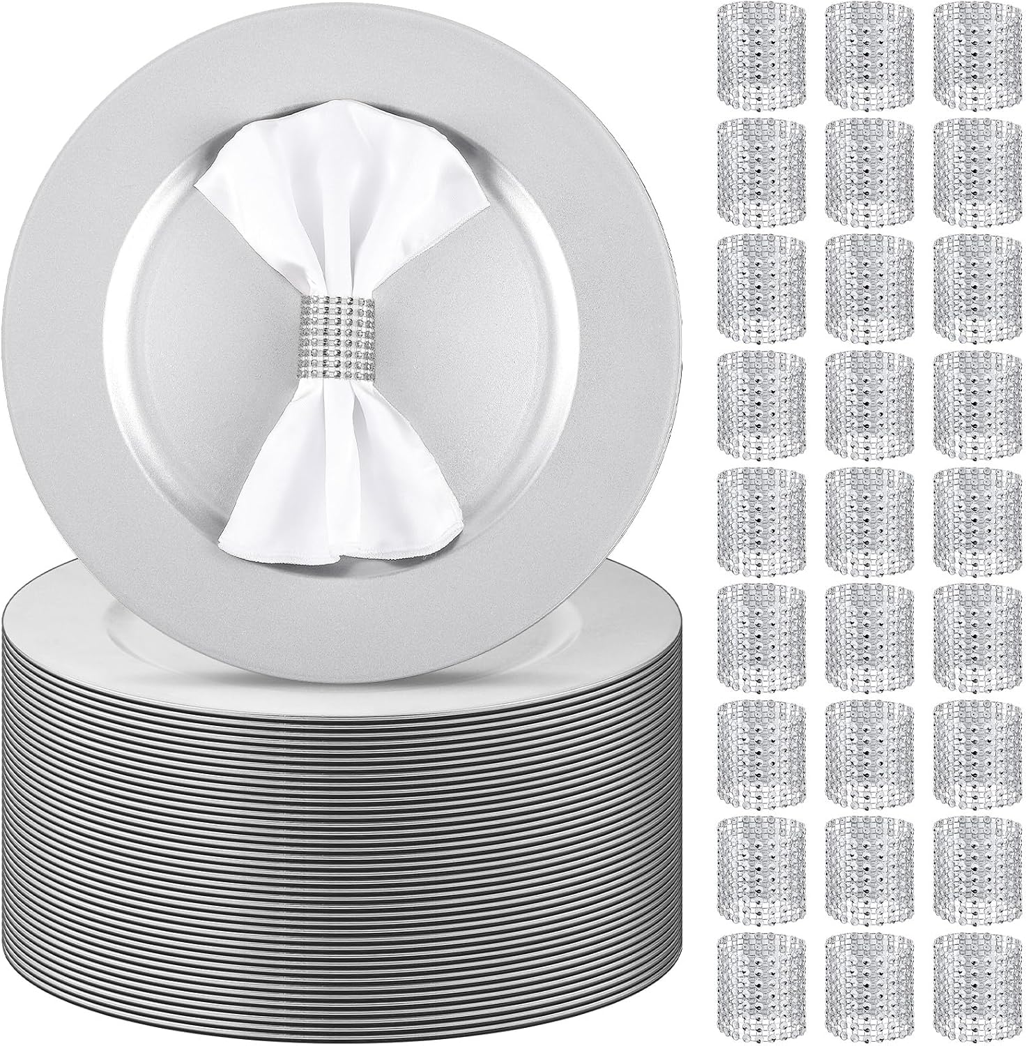 200 Pieces Charger Plates Bulk with Napkin Rings,Simple Style,Silver