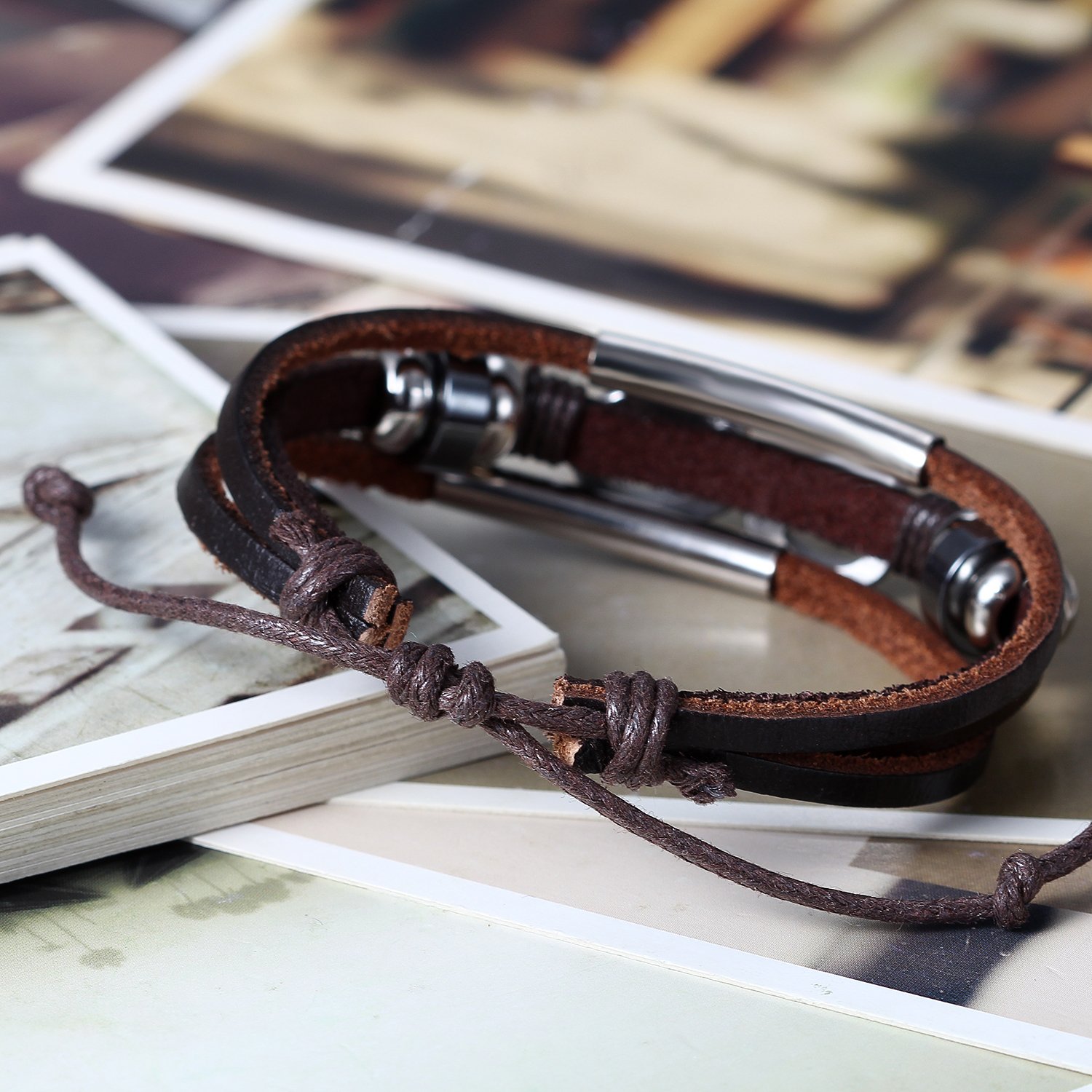 Flongo hombre mujer Vintage acero inoxidable infinity love forever piel Wrap ajustable Cuff Pulsera, 8 – 10 inch