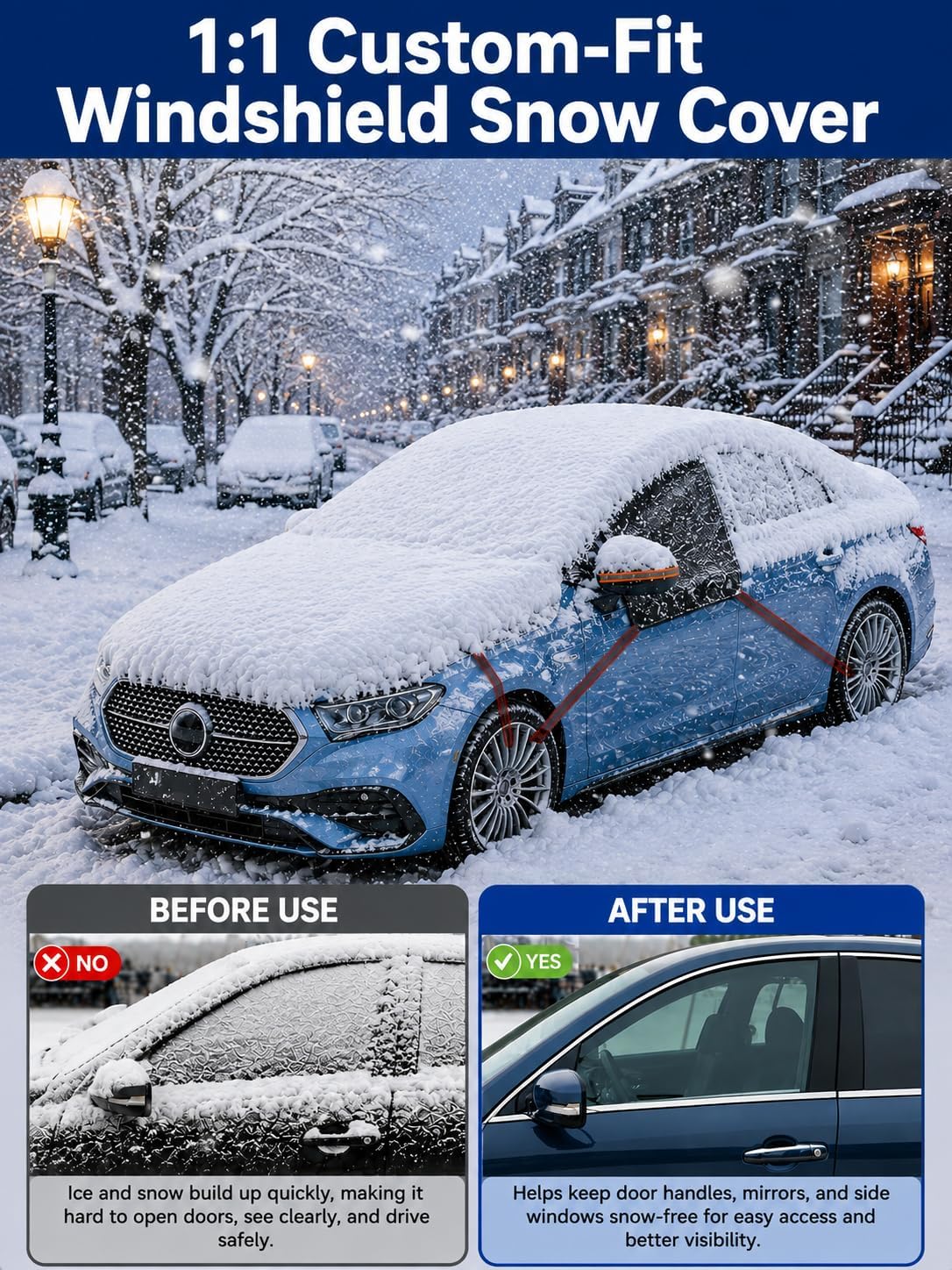 Custom Fit Windshield Snow Cover for Subaru Crosstrek with Side Window and Rearview Mirror Protector, Car Snow Ice Frost Protector, Vehicle Specific Winter Windshield Cover with Side Flaps