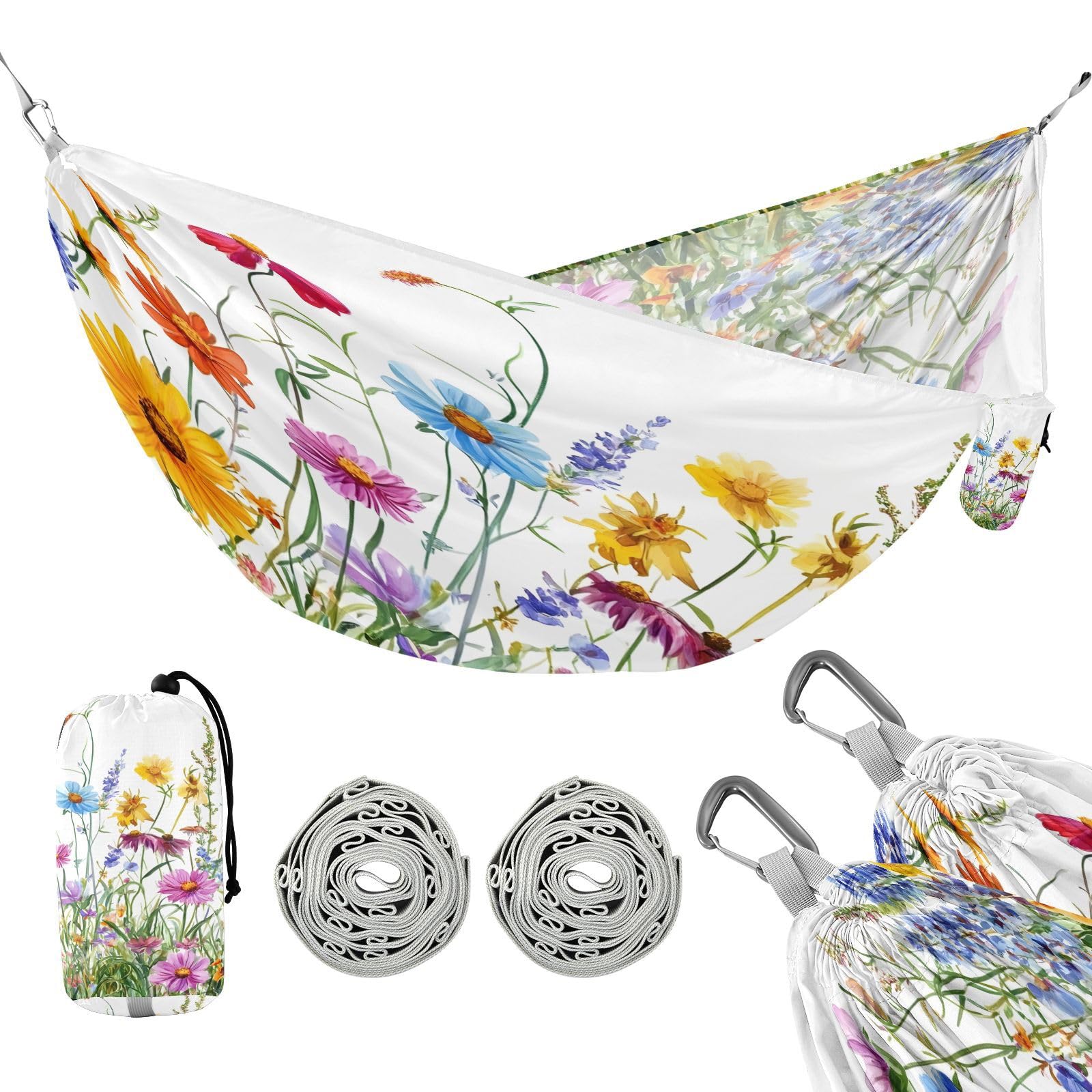 ATTX Beautiful Watercolor Wildflowers Camping Hammock - Lightweight & Portable Hammocks, Heavy Duty 330lbs Capacity for Indoor, Hiking, Backpacking, Travel, Backyard, Beach#67