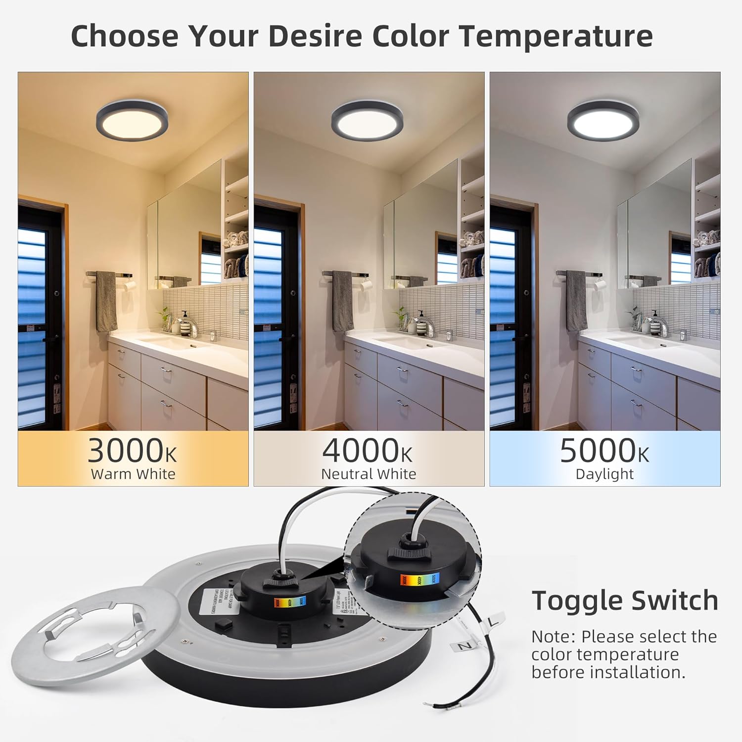 Hlite 7.5 Inch Flush Mount LED Ceiling Light with Night Light, CRI90, 15W, 1500 LM, 3000K/4000K/5000K Selectable, Flat Round LED Ceiling Light, Dimmable Bedroom Lights for Ceiling, Black(2Pack)