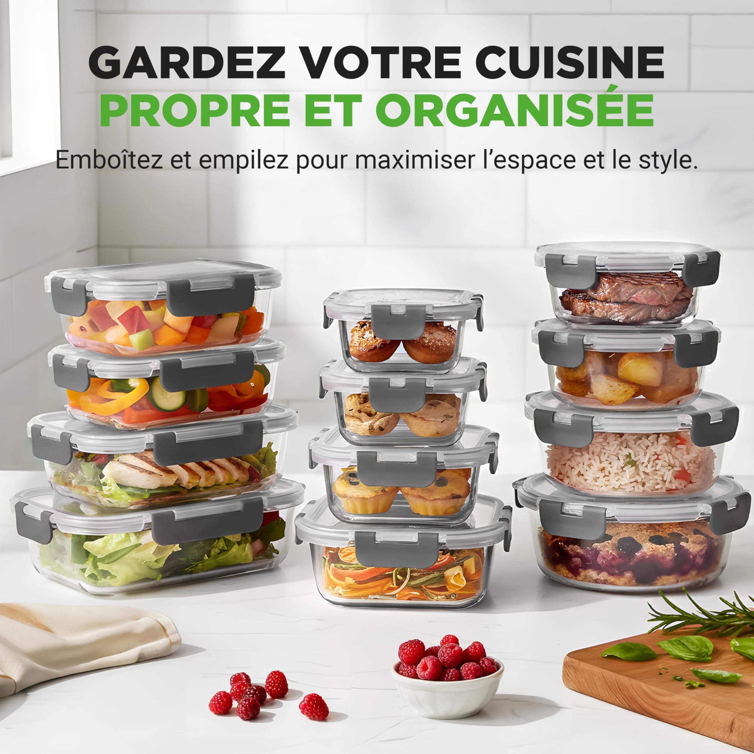 Nutrichef Ensemble de 12 Bocaux en Verre avec Couvercles Hermétiques – Récipients Empilables pour Meal Prep – Boîtes de Rangement Alimentaire en Verre avec Couvercle