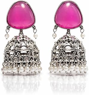 Vistaras Oxidised SilverJhumki Earrings for Womens Stud and Pearl Drops | FLoral Dome Jhumka | Traditional Design Ethnic J... Price In India