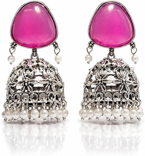 Vistaras Oxidised SilverJhumki Earrings for Womens Stud and Pearl Drops | FLoral Dome Jhumka | Traditional Design Ethnic J...