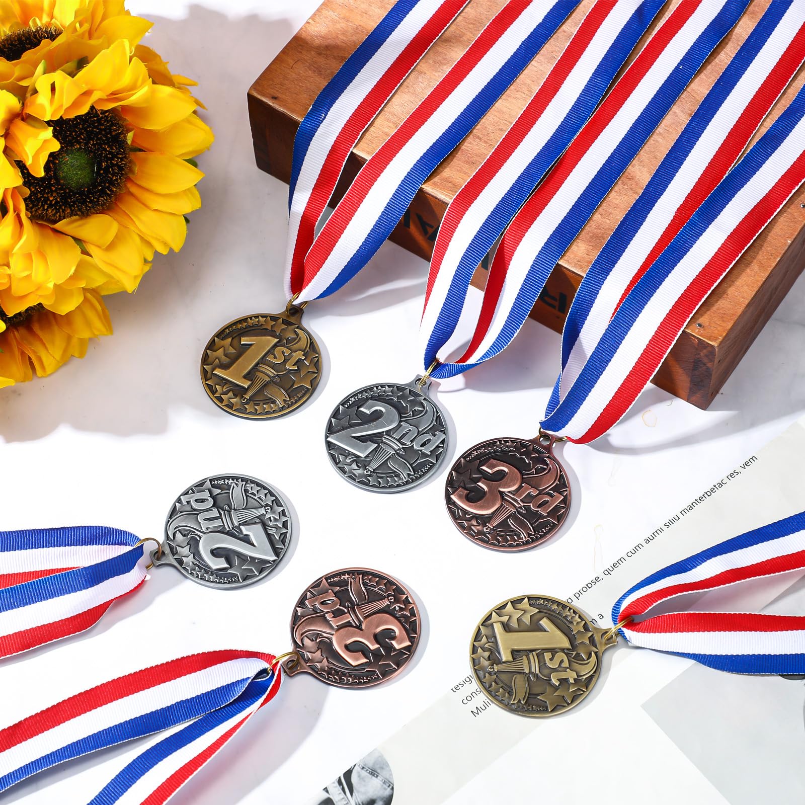 RoundFunny Medaillen für den 1., 2., 3. Platz, Medaillen für Auszeichnungen, Gewinnermedaille, Gold, Silber, Bronze, Medaille mit Halsband, Trophäe, Auszeichnung für Sportwettbewerbe, Party, 5,1 cm