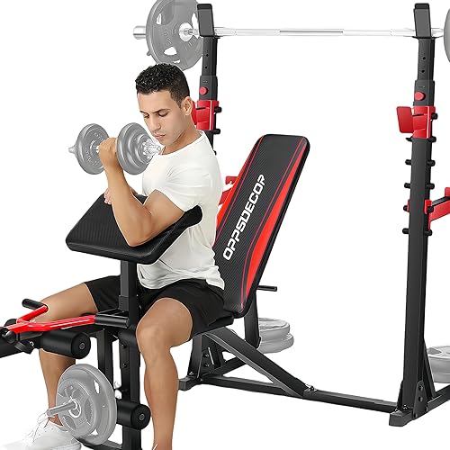 OPPSDECOR Banco de pesas ajustable con rizo de predicador, estante para sentadillas, desarrollador de piernas y almacenamiento de peso, banco de