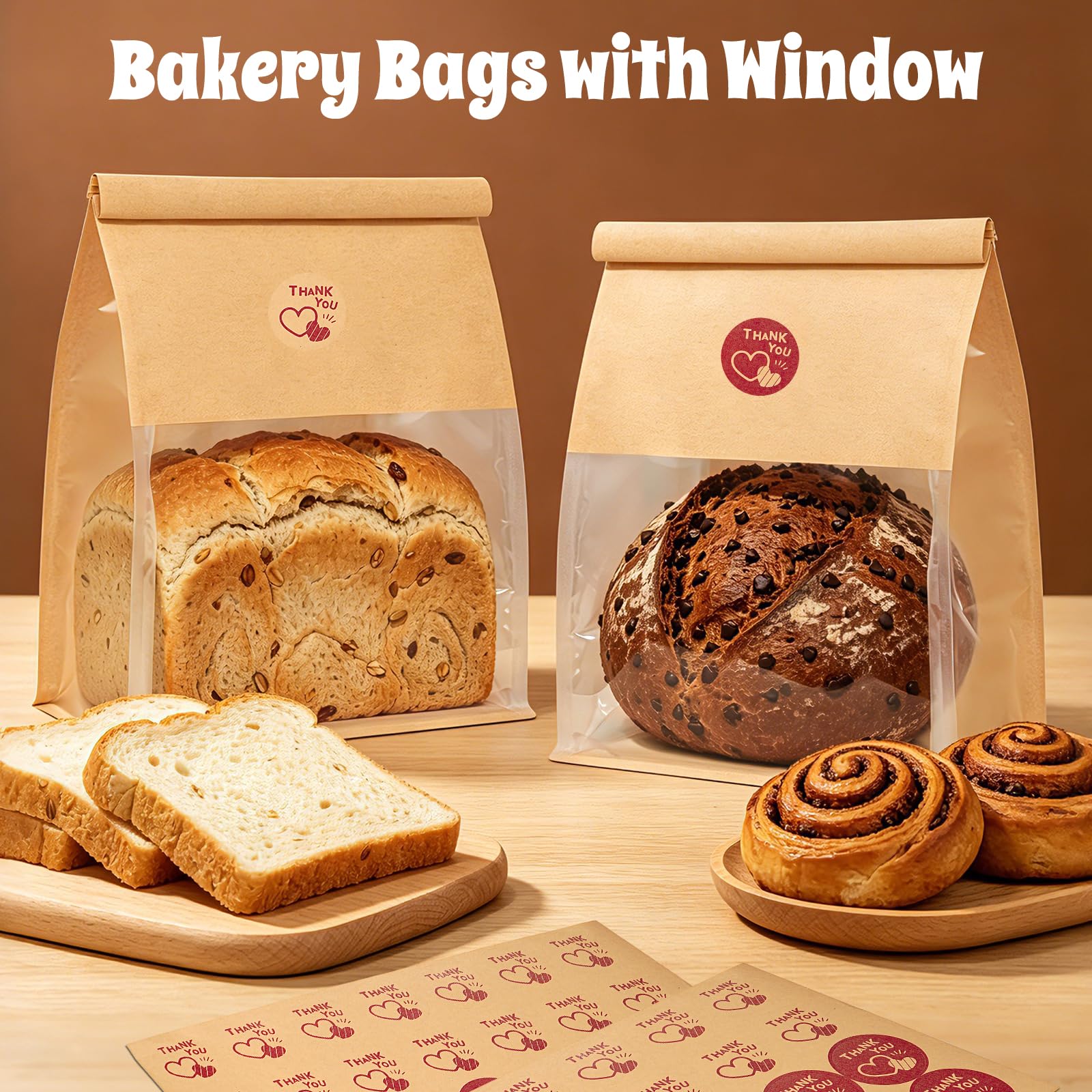 Funcoo 50 bolsas de pan con pestañas para pan casero de masa madre panadería bolsas de almacenamiento con ventana/corbatas, bolsa grande de pan de panadería para embalaje de productos horneados (11 x