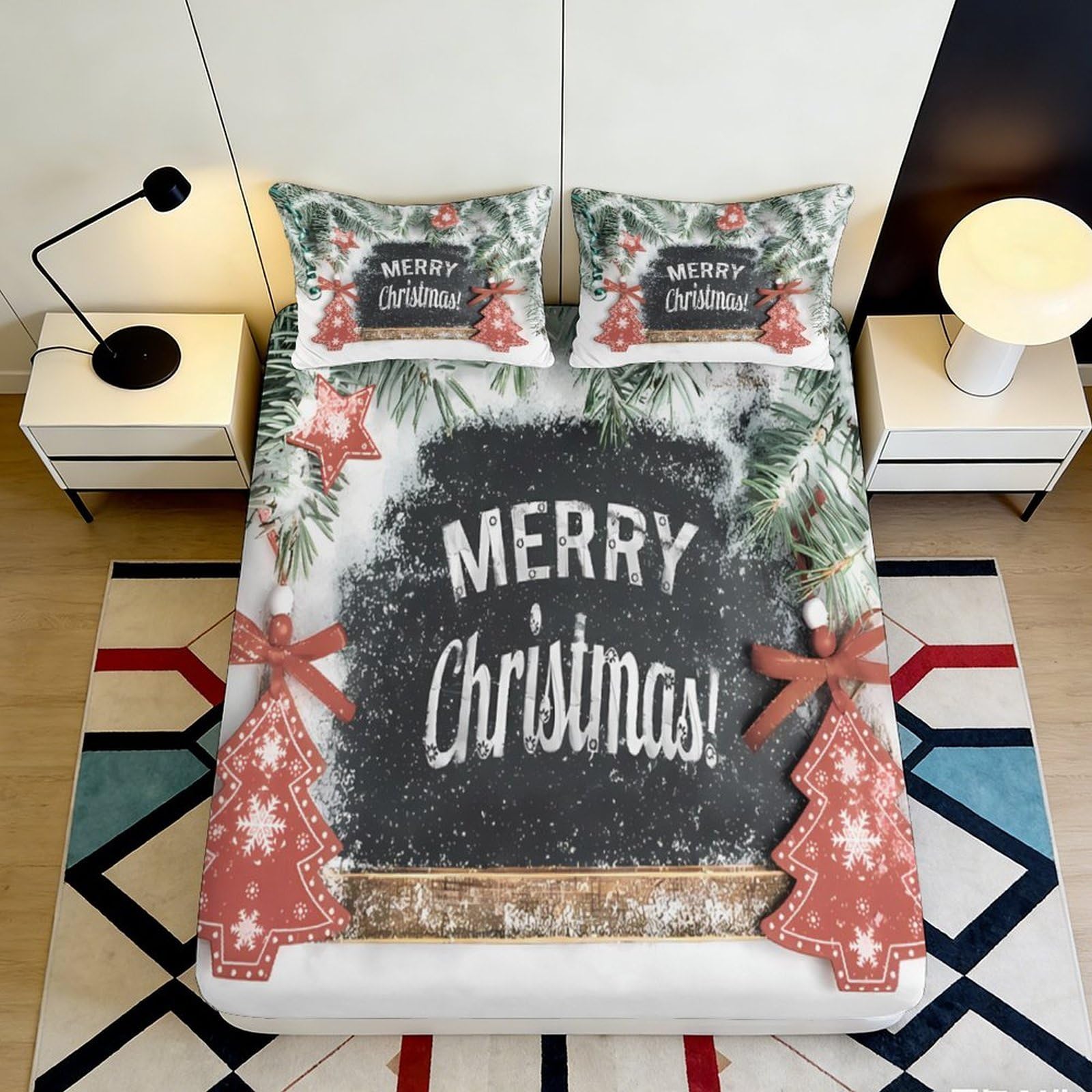 3D Printed Christmas Chalkboard Fitted Sheet Microfiber Soft Red Snowflake Tree Bed Cover for Bedroom Guestroom 90x200x25cm