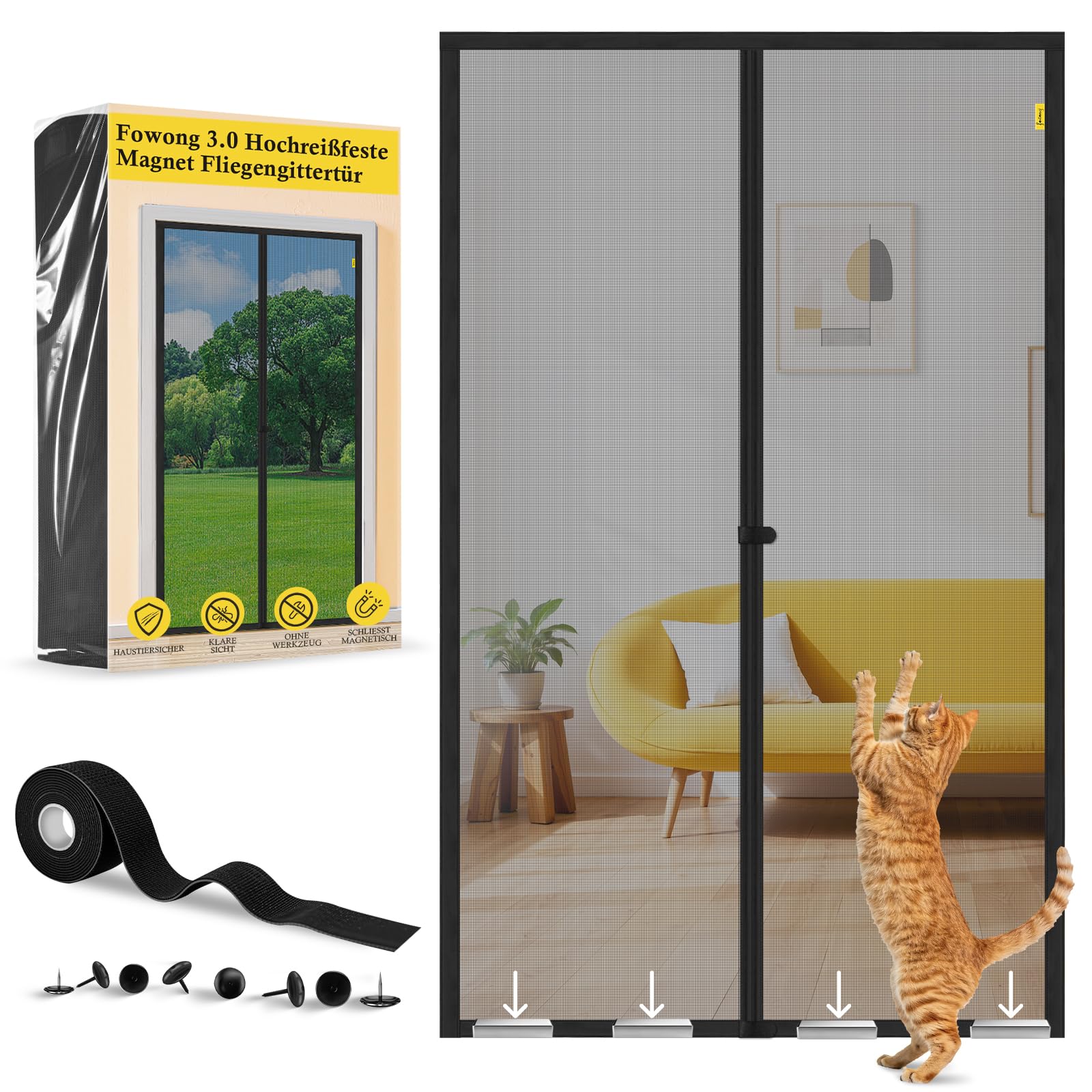 fowong Fliegengitter Balkontür Magnet, 170x240cm, Neues Nanogitter mit 10xReißfestigkeit, Verstärkte Fliegengitter-Tür Insektenschutzvorhang für Terrassentür und Balkontür, Geruchlos, Schwarz