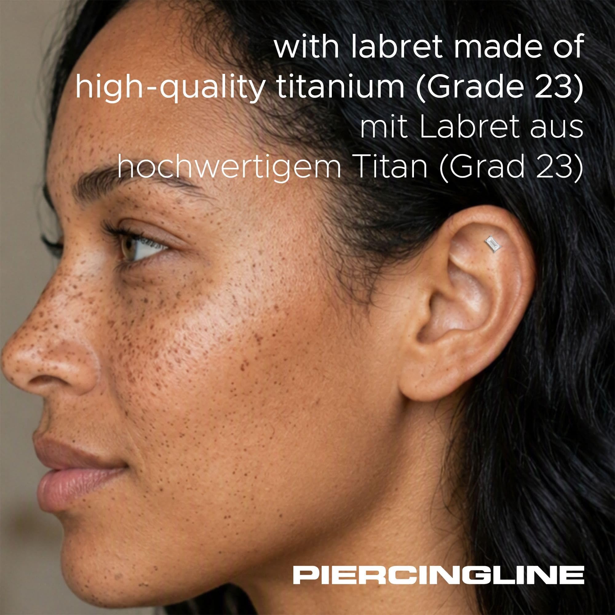 PIERCINGLINE Piercing Stecker Titan Labret mit Innengewinde + 925er Silber Aufsatz MOISSANIT-RECHTECK - Goldfarben, Silberfarben