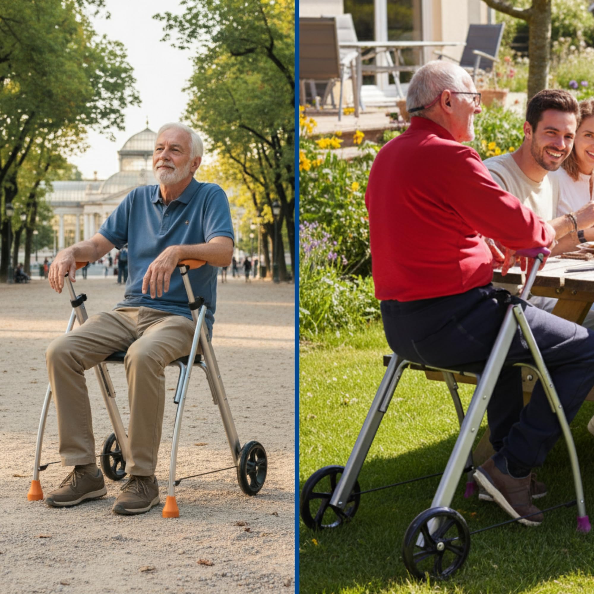 INDESmed - Andador Plegable con Asiento de Aluminio para ancianos, personas con movilidad reducida o rehabilitación. Ajuste preciso, Mango antitendinitis y antideslizante, 2 Ruedas (Morado)