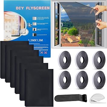 6 Packs Window Netting for Insects 1.3 * 1.5M Fly Screens for Windows DIY | Cut to Fit Self-Adhesive Adjustable with 6 Rolls with Velcro and Other Accessories Protect Your Family from Insects
