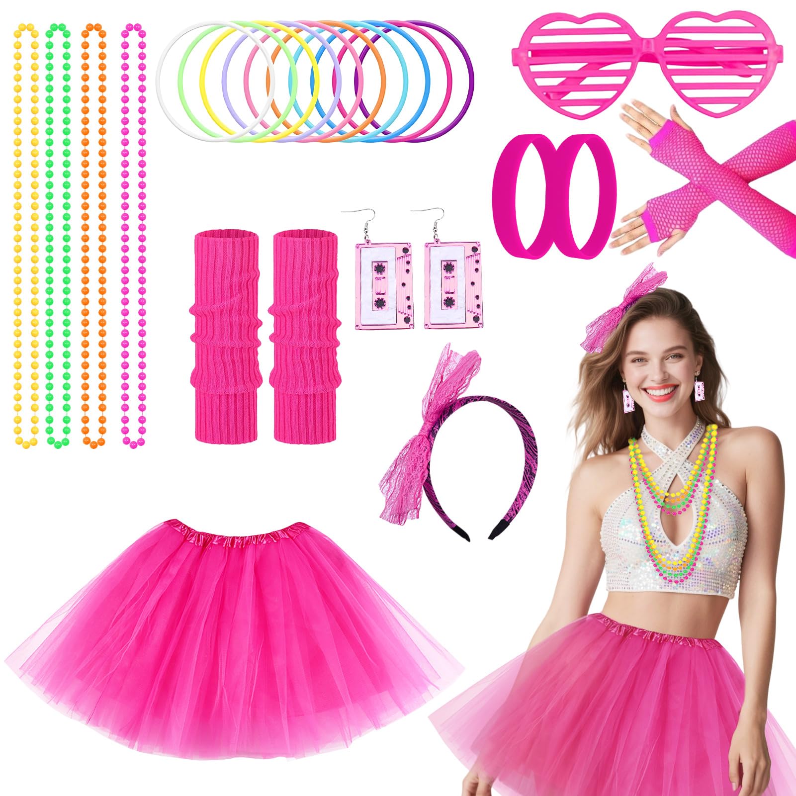 Meriviva 25 Pcs 80s Fancy Dress for Women, 1980s Accessories with Neon Tutu Skirt Bracelets Necklaces Leg Warmers Fishnet Gloves Headband Glasses Earrings for 80s Party Dress Up (Pink)